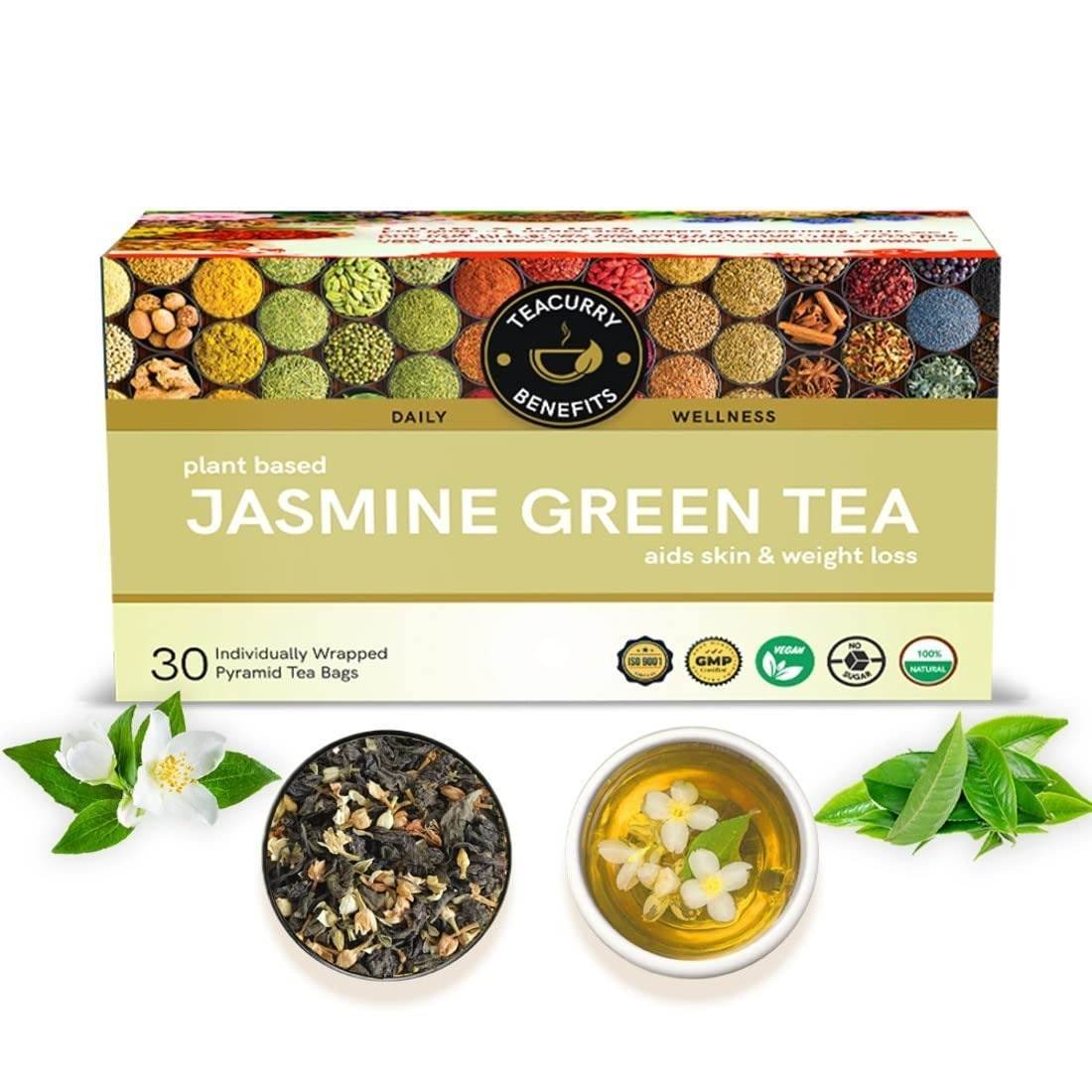 uk61U12navWqL.jpg TEACURRY Jasmine Green Tea - 30 Tea Bags | Jasmine Tea for Weight Loss | 100% Natural Jasmine Tea Flowers | Jasmine Tea Helps in Skin Glow, Digestion, Joint Pain | Jasmine Tea Infusion - Fast UK Delivery - Image 1