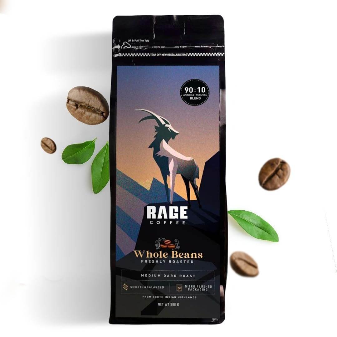 uk61UZWupiwDL-1.jpg RAGE COFFEE Whole Freshly Roasted Coffee Beans Packet | Medium Dark Roasted | Made With 100% Arabica Freshly Roasted Coffee Beans (Medium Dark Roast) (90:10, 500Gm) - Fast UK Delivery - Image 1