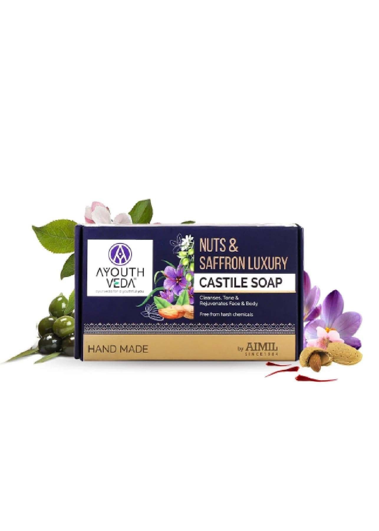 uk61VN9a9G3YL-1-1.jpg Ayouthveda Nuts & Saffron Luxury Castile Soap | CleanseTones & Rejuvenates Skin | Natural & Herbal Soap With Goodness Of SaffronAlmond & Olive Oil | Without Harmful Chemicals (Pack Of 1-110g) - Fast UK Delivery - Image 1