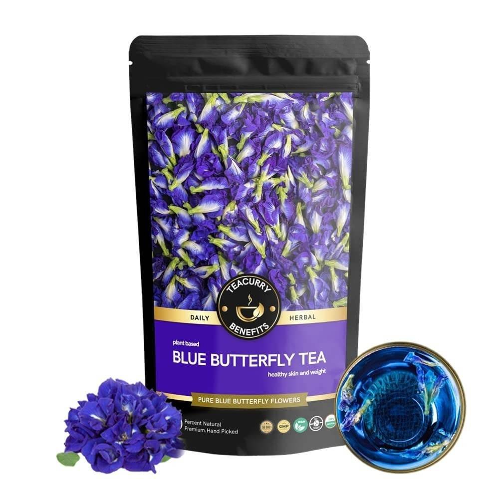 uk61VNjXVvFvL.jpg TEACURRY Blue Pea Flower Green Tea - 50 Gms Loose Tea of Blue Pea Green Tea | Helps with Weight Loss, Skin Glow, Hair Care, Brain Health | Butterfly Pea Green Tea - Fast UK Delivery - Image 1