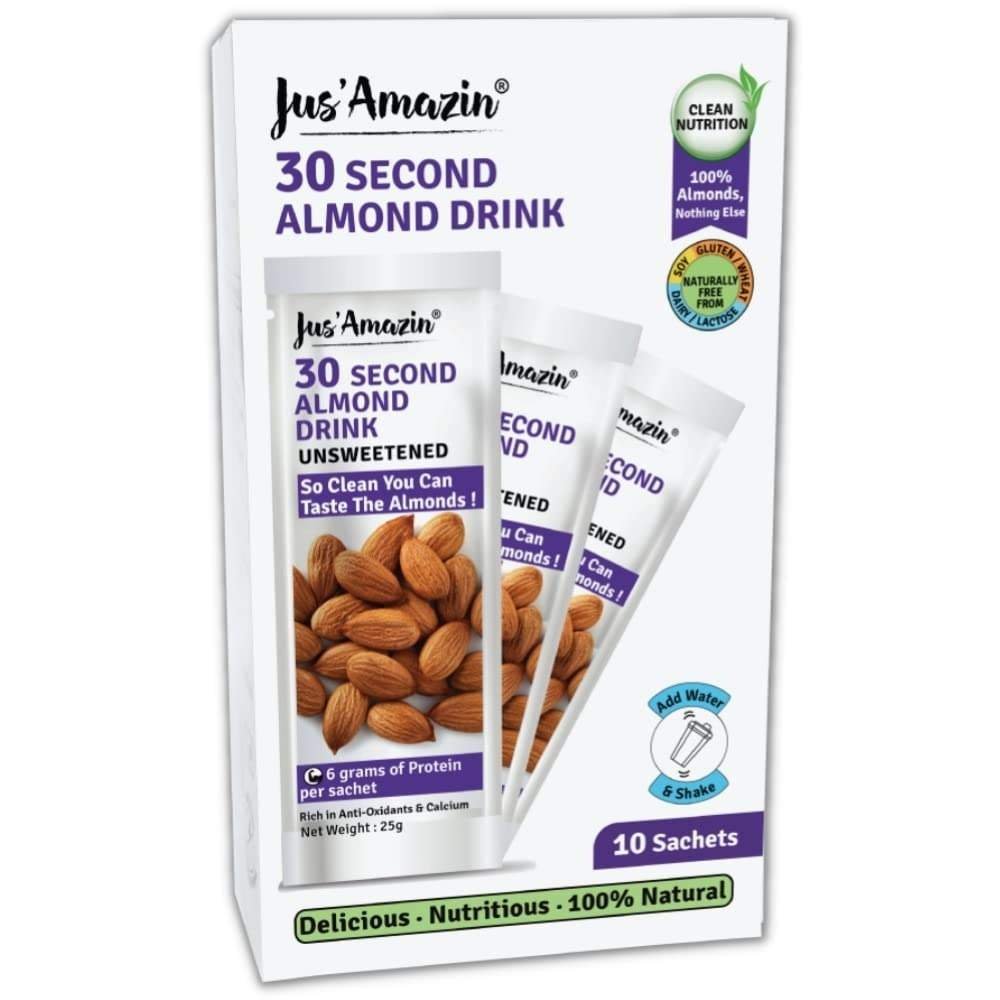 uk61VciRkwPxL-1-1.jpg Jus' Amazin 30 Second Almond Drink - Unsweetened (10 X 25g sachets) | Use 1 Sachet to make 1 Glass | Dairy Free Almond Milk, Clean Nutrition, 100% Natural, Keto, Vegan - Fast UK Delivery - Image 1