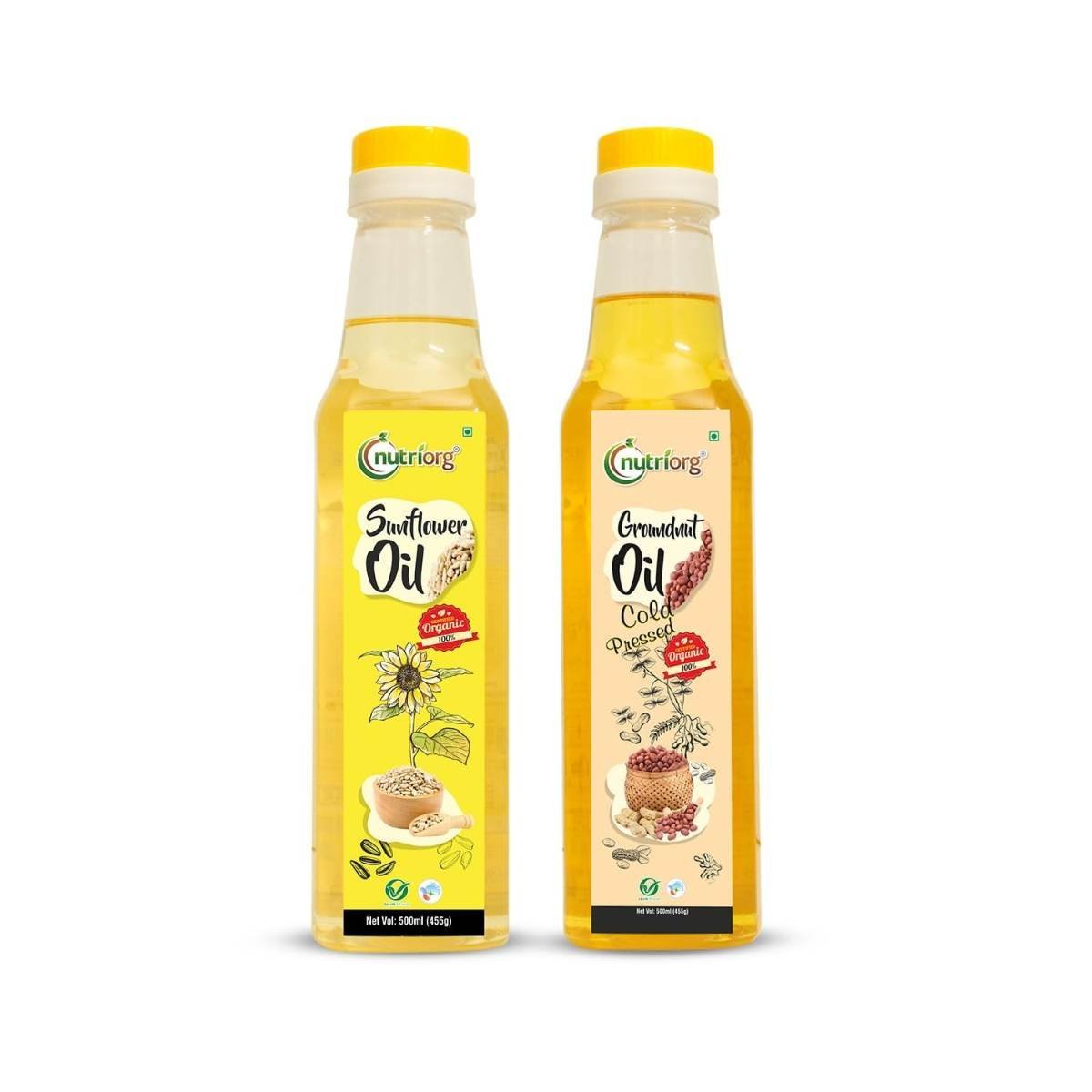 uk61WcB-mAREL-1.jpg Nutriorg Cold Pressed Organic Sunflower Oil & Groundnut Oil, 1000 ml ( Pack of 2* 500 ml) | Essential Cooking Purpose | Vitamin E Rich - Fast UK Delivery - Image 1