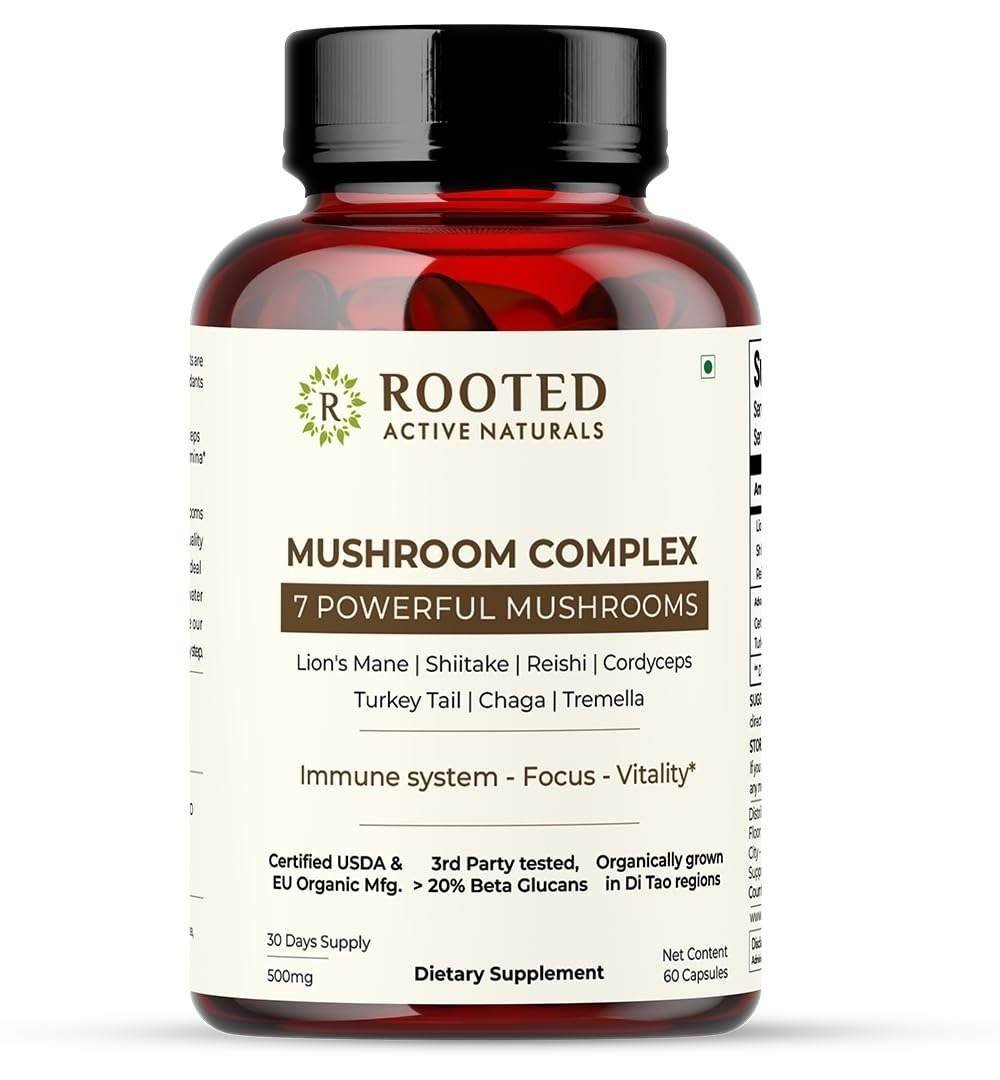 uk61WcVAWAstL-1-1.jpg Rooted Mushroom Complex - 7 Mushrooms blend for Heart, Liver, Gut, Energy & Immunity (60 Veg Caps, 500 mg) |USDA organic, > 30% Beta Glucans - Fast UK Delivery - Image 1