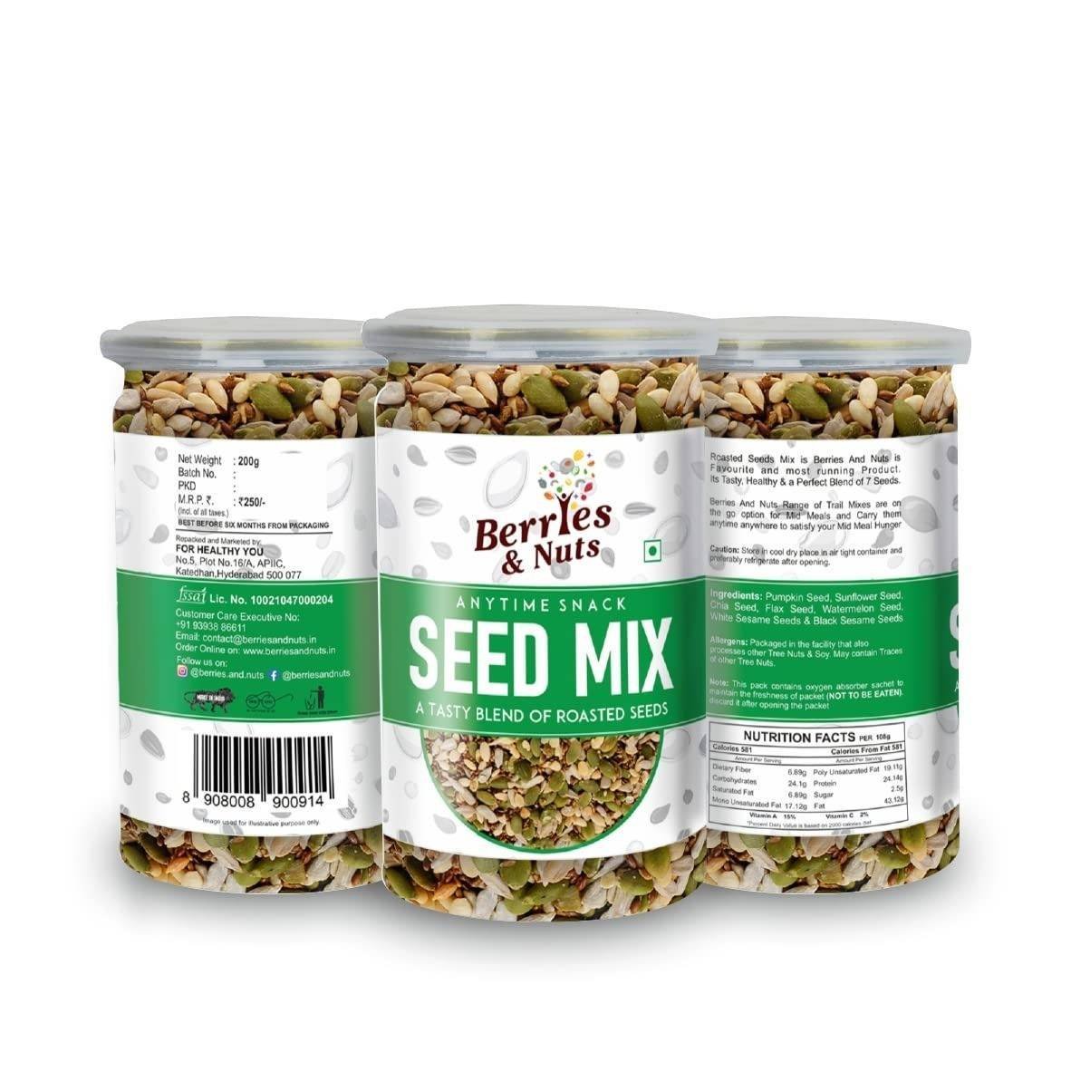 uk61WwwbH9-pL-1-1.jpg Berries And Nuts Healthy Roasted Seeds Blend | Pumpkin, Sunflower, Chia, Flax, Watermelon, Sesame Seeds | 600 Grams | 3 Bottles of 200 Grams - Fast UK Delivery - Image 1