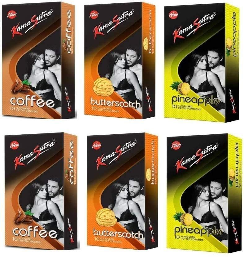 uk61XaVFctFgL-1-1.jpg Kamasutra 2 Coffee Cappuccino, 2 Butterscotch and 2 Pineapple Flavoured Dotted Condom Condom (Set of 6, 60 Sheets) - Fast UK Delivery - Image 1