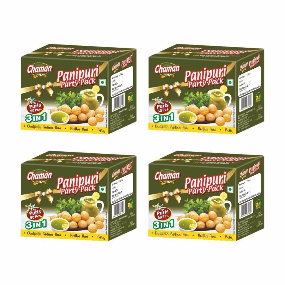 uk61Xb2QrbG6L-1.jpg Chaman Pani Puri Golgappe Party Pack with 2 Flavours of Pani 200g (Pack of 4) - Fast UK Delivery - Image 1