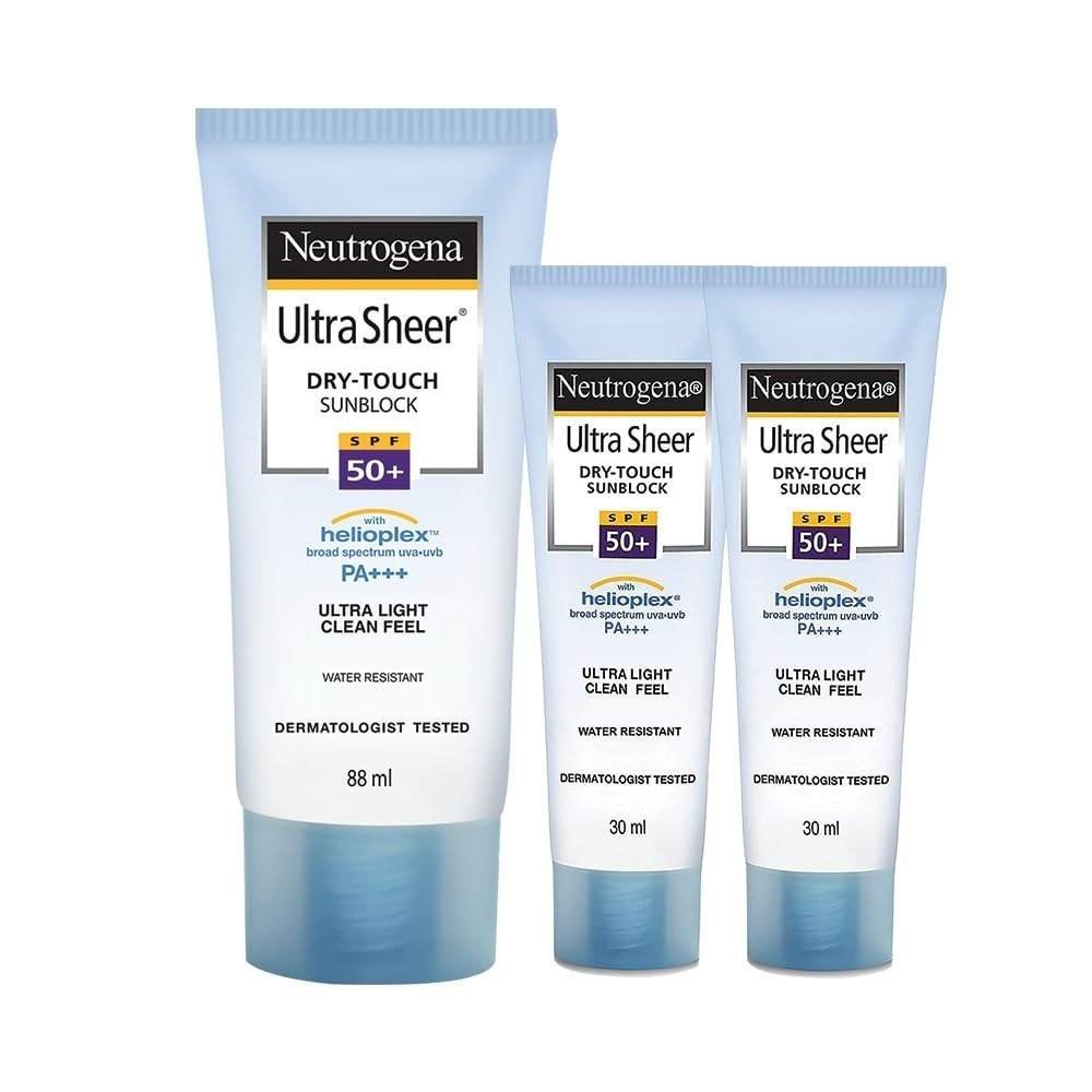 uk61YOG3i21aL-1-1.jpg Neutrogena Ultra Sheer Sunscreen Best Value Combo (Pack of 3) 80ml, 30ml & 30ml - Fast UK Delivery - Image 1