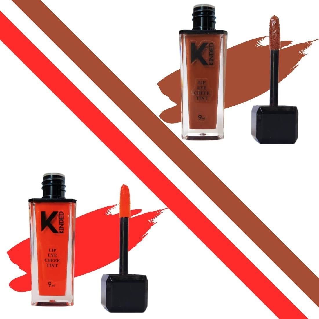uk61ZoNH69zjL-1-1.jpg KINDED Lip Eye and Cheek Tint Combo for Women Girls Longlasting Moisturizing Vitamin E Liquid Lip Colour Lipstick Eyeshadow Blush (Matte Finish, Brown Temptation & Sangria Orange, 9 ml each) - Fast UK Delivery - Image 1