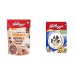Kellogg's Crunchy Granola Chocolate & Almonds, Cereals, Multigrain Flakes 450g + All Bran Wheat Flakes, Protein, Fibre, Iron, vitamin B1,B2,B3 and B6, Low Fat, B12 and Folate Cholesterol Free 425g - Fast UK Delivery