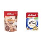 Kellogg's Crunchy Granola Chocolate & Almonds, Cereals, Multigrain Flakes 450g + All Bran Wheat Flakes, Protein, Fibre, Iron, vitamin B1,B2,B3 and B6, Low Fat, B12 and Folate Cholesterol Free 425g - Fast UK Delivery
