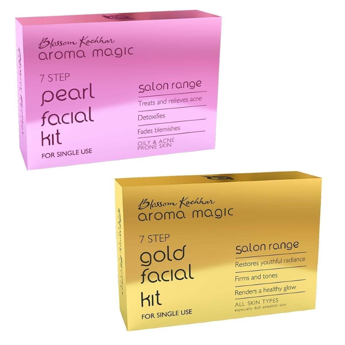 uk61b4VkFifnL-1-1.jpg Aroma Magic 7 Step Single Use Facial Kit Combo| Pearl Facial Kit (Oily & Acne Prone Skin )+ Gold Facial Kit (All Skin) | Pack Of 2 - Fast UK Delivery - Image 1