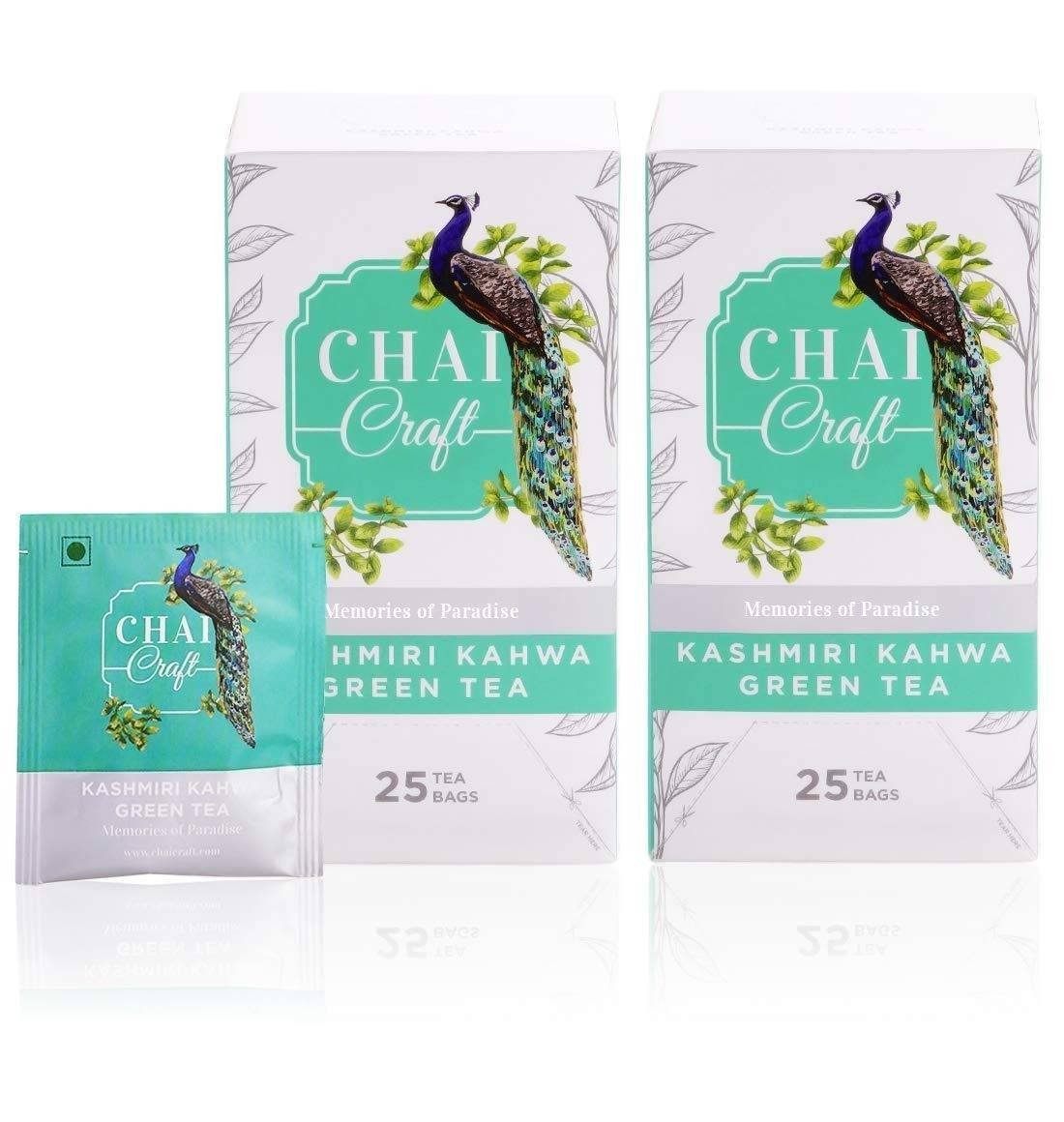 uk61chLhFUqML-1-1.jpg Chai Craft Kashmiri Kahwa Tea (50 Teabags) I Pure Organic Green Tea Blended with Saffron, Almonds & Spices | 100% Natural Ingredients | 25X2 Teabags - Fast UK Delivery - Image 1