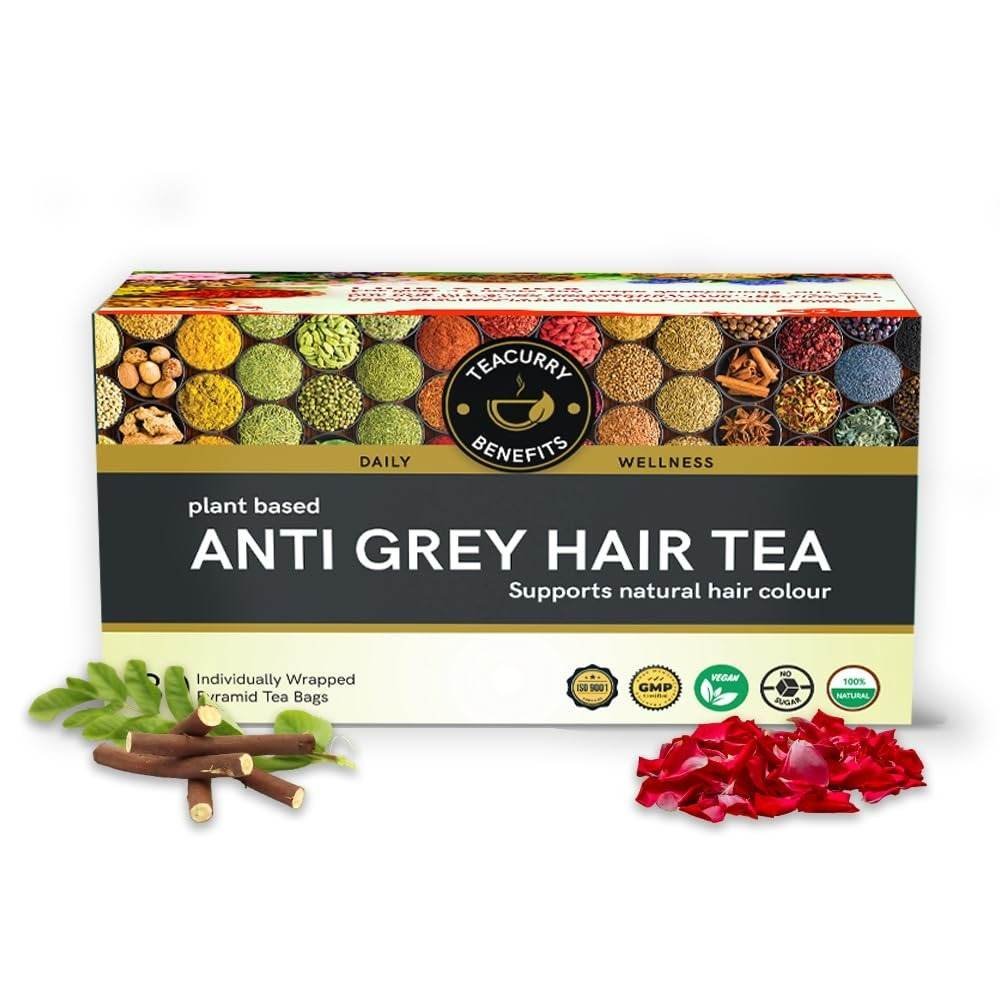 uk61ctvtE06CL.jpg Teacurry Grey Hair Tea - (1 Month Pack, 30 Tea Bags) Helps to regain natural hair color, Boost melanin production & Lower the hair fall | 100% Natural - Fast UK Delivery - Image 1