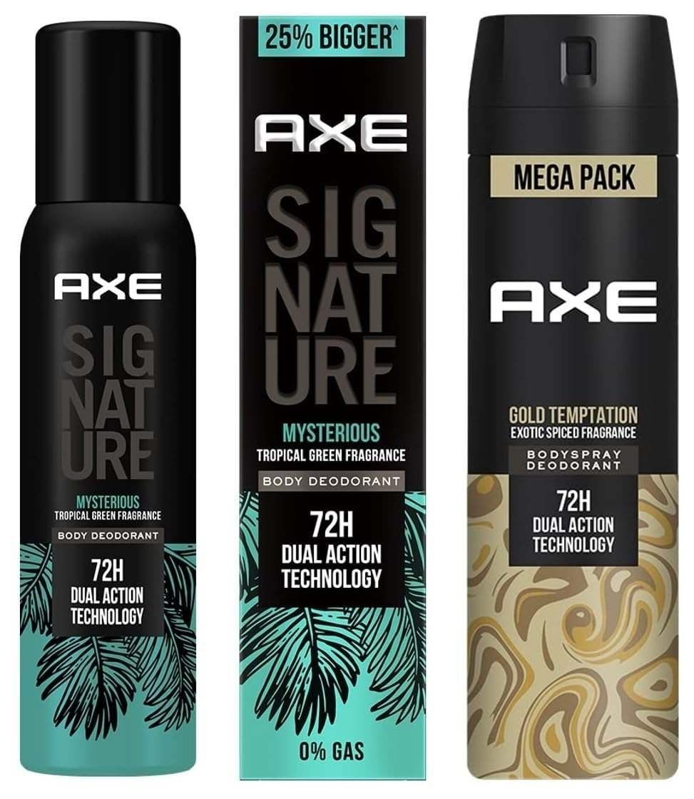 uk61dAZ9ZSFYL-1-1.jpg Axe Gold Temptation Long Lasting Deodorant Bodyspray For Men, 215ml&Axe Signature Mysterious No Gas Deodorant Bodyspray For Men 154 ml - Fast UK Delivery - Image 1