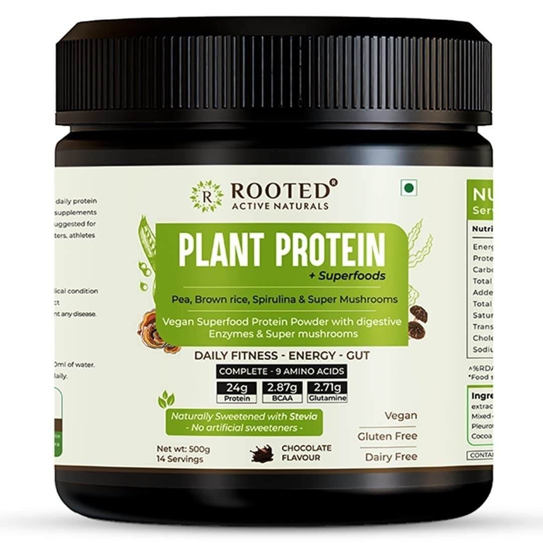 uk61dKnuHBmL-1.jpg Rooted Actives Plant Protein Powder, 24gm | Pea, Mushrooms, Spirulina & Probiotics | Vegan Protein Powder | Plant Based Protein Powder | - Fast UK Delivery - Image 1