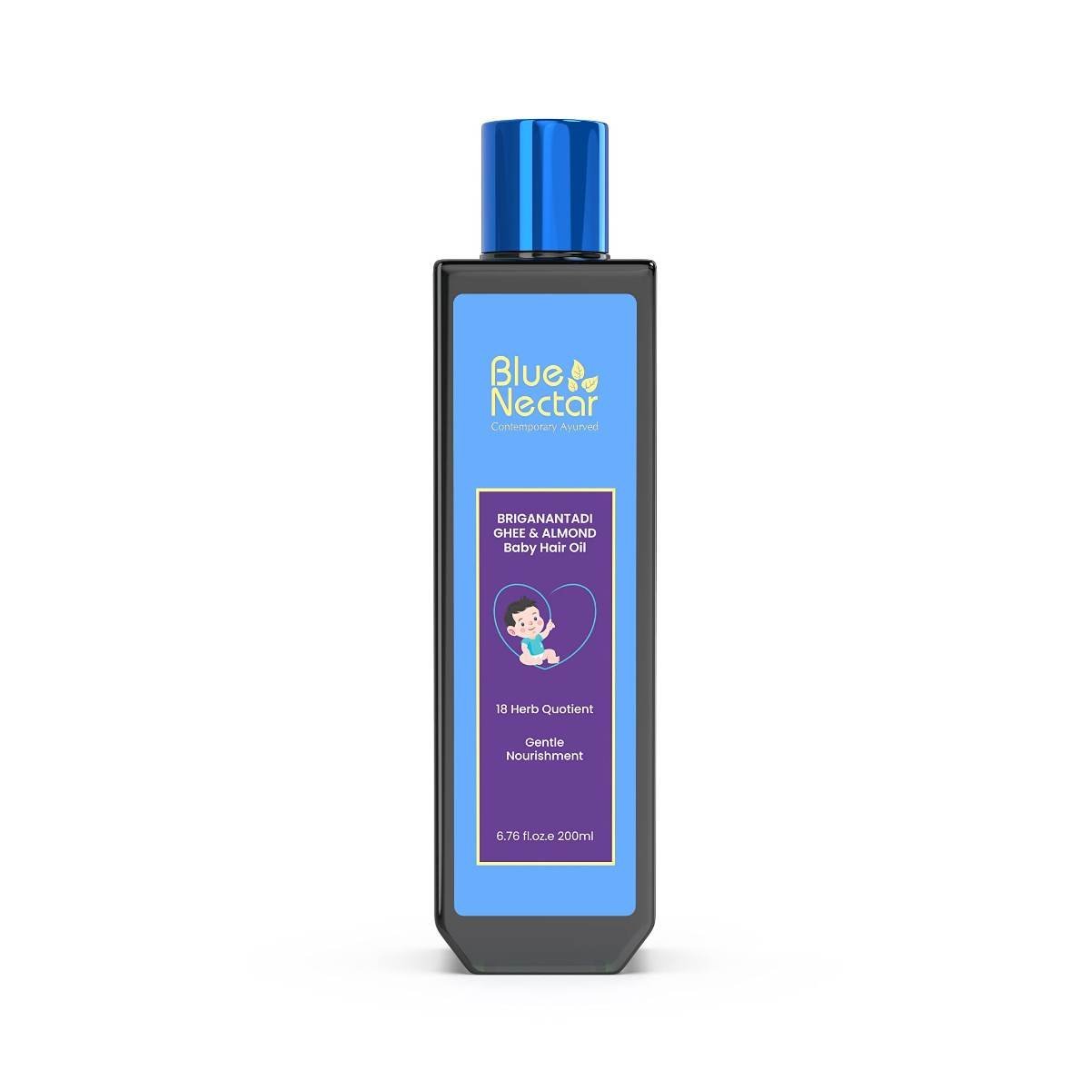 uk61dTKg-TQ4L-1.jpg Blue Nectar Ayurvedic Baby Hair Oil with Organic Ghee, Almond Oil, Coconut Oil & Olive Oil for Hair and Scalp (18 Herbs, 200 ml) - Fast UK Delivery - Image 1