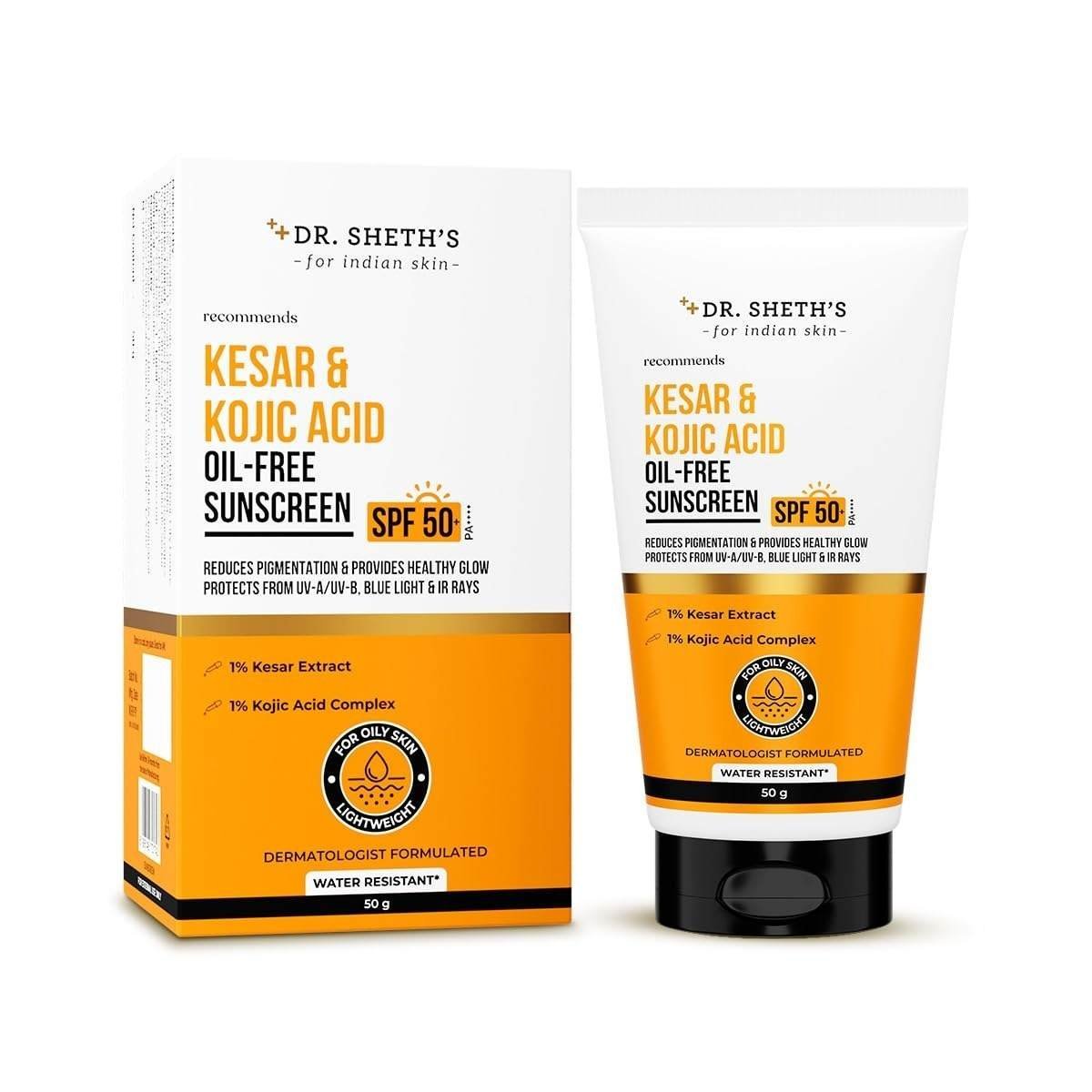 uk61dxElow7UL-1-1.jpg Dr. Sheth's Kesar & Kojic Acid Oil-Free Sunscreen SPF 50+, PA++++ | Reduces Pigmentation & Provides Healthy Glow |For Oily Skin|Lightweight, Non Greasy UVA/UVB & Blue Light & IR Protection | No white cast | 50g - Fast UK Delivery - Image 1