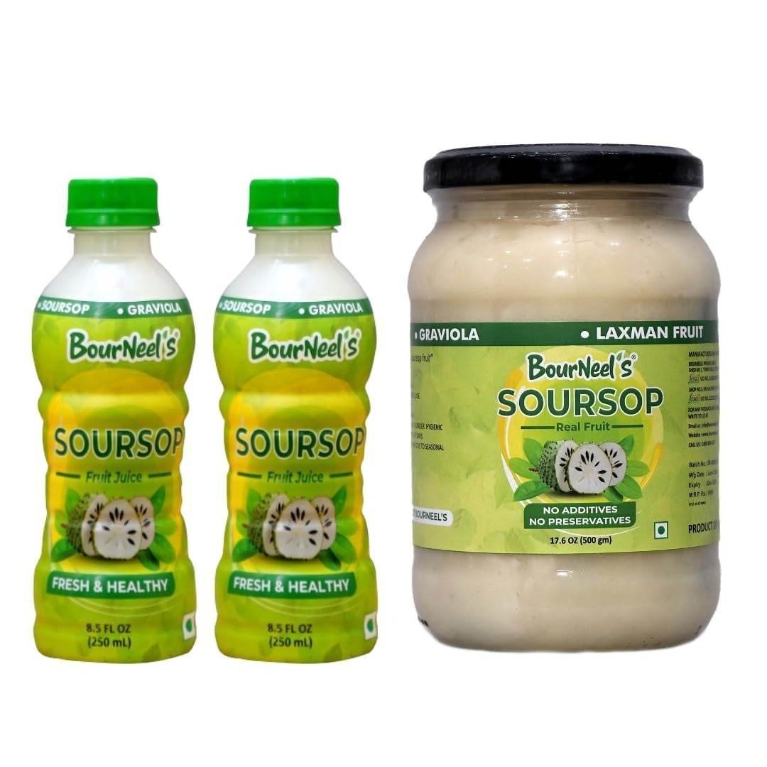 uk61f-vku-WL-1.jpg BourNeel's Soursop Pack of 2 (1 Soursop Fruit 500 gm + 2 Soursop Fruit Juice 250ml) | Graviola Laxman Phal Fruit Pulpy Juice Drink | High Vitamin C | - Fast UK Delivery - Image 1