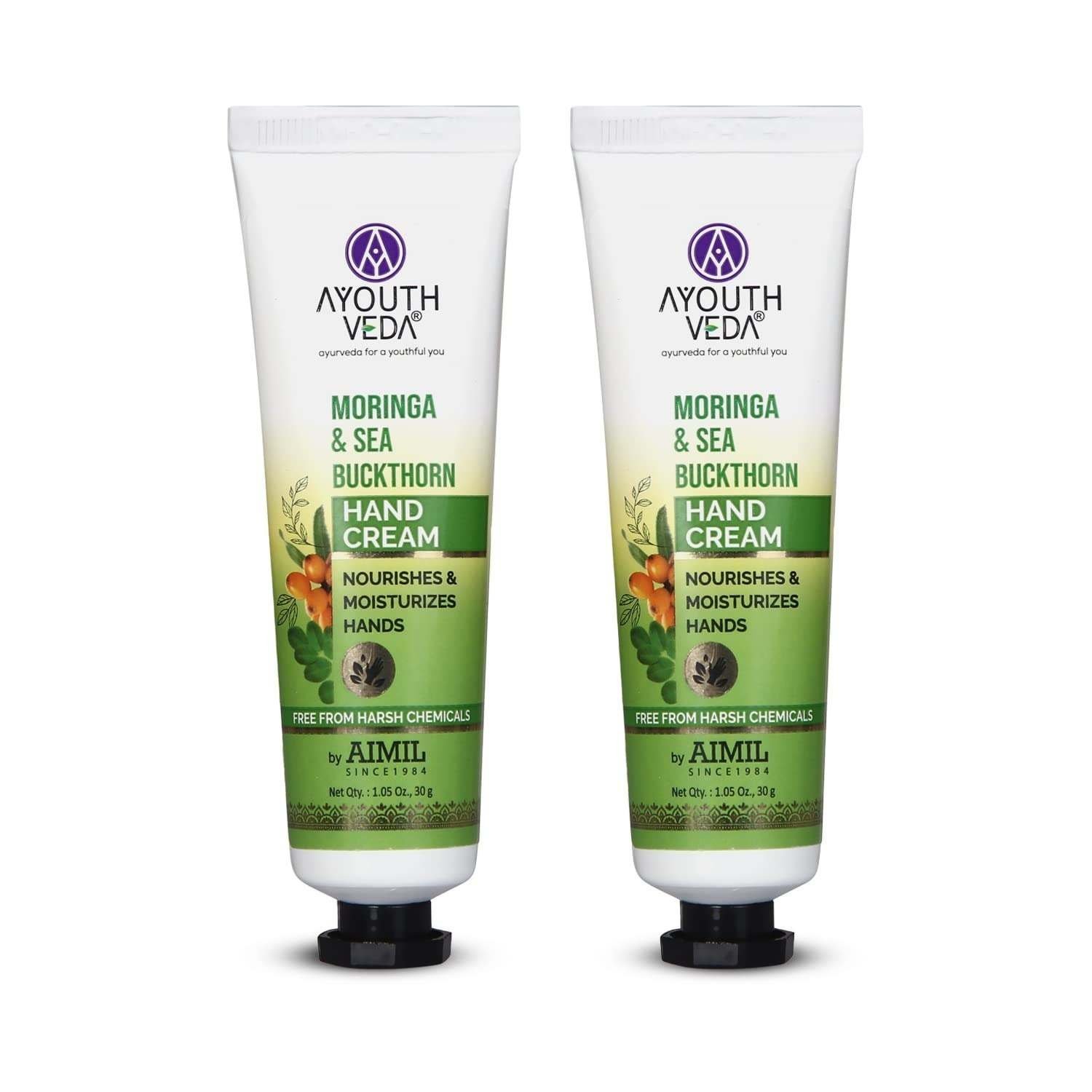 uk61g0CX2IcxL-1-1.jpg Ayouthveda Moringa & Sea Buckthorn Hand Cream | Soothens, Nourishes & Moisturizes Hands | Reduces Skin Irritation | Non Sticky Cream To Hydrate Dry & Dull Skin (Pack of 2; 30g each) - Fast UK Delivery - Image 1