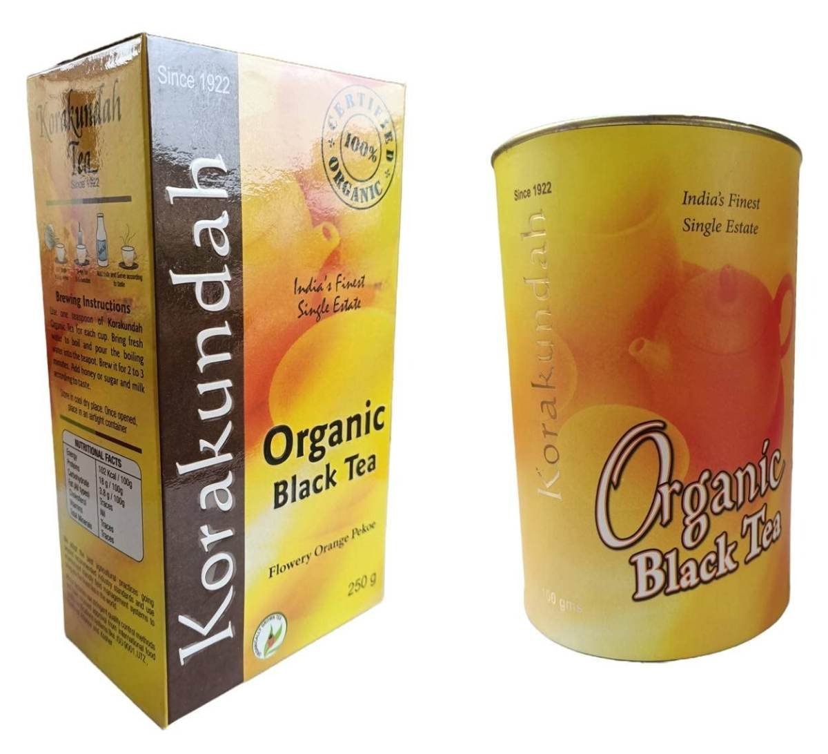 uk61gp48jWiL-1.jpg KORAKUNDAH Organic Black Tea 250 g | Organic Black Tea in Canister 100 g | Pack of 2 | Total 350 g | India's Finest Single Estate Organic Tea | Chamraj Nilgiri Tea - Fast UK Delivery - Image 1
