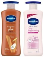 Vaseline Healthy Bright Body Lotion 400 ml, Daily Brightening Moisturizer with Sunscreen for Dry Skin, Gives Non-Greasy Glowing Skin - & Vaseline Intensive Care Cocoa Glow Body Lotion, 400 ml - Fast UK Delivery