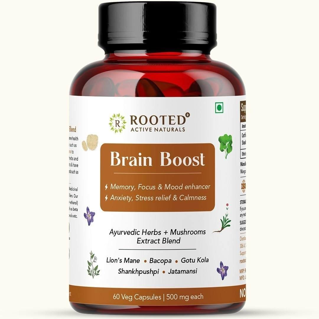 uk61ihBj8kNL-1.jpg Rooted Actives Brain Boost supplement for Focus, Memory, Brain wellness | 60 Veg Caps of 500 mg each. Lions Mane mushroom with brain boosting herbs - Fast UK Delivery - Image 1