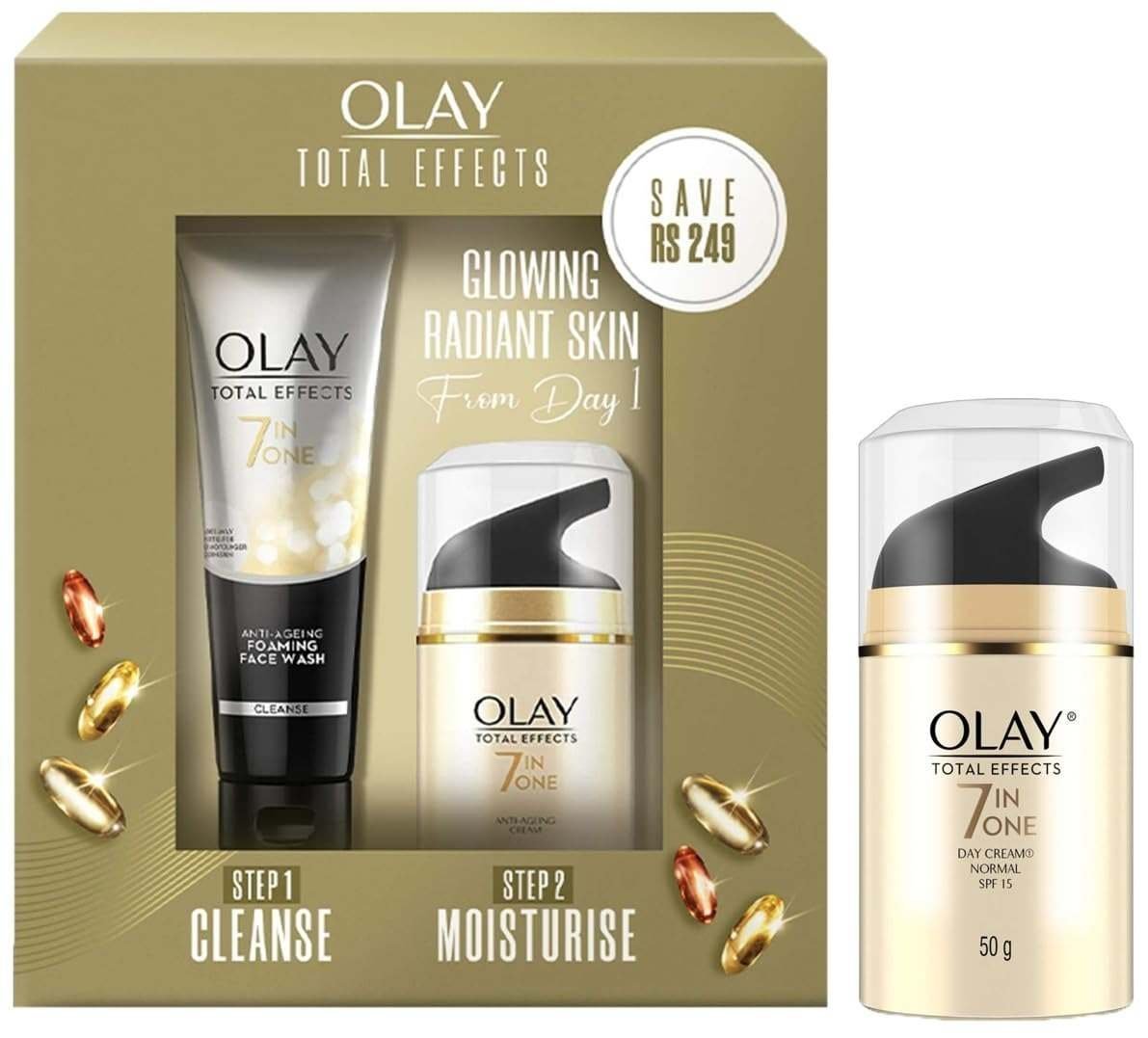 uk61jNDogzWDL-1-1.jpg Olay Total Effect Day Cream (Spf 15), 50g & Cleanser Pack For Anti Ageing, 100g & Olay Total Effects Day Cream With Vitamin B5, Niacinamide, Green Tea, Spf 15, 50 Gm - Fast UK Delivery - Image 1