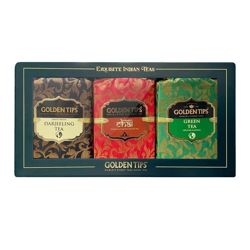 uk61khpgQjcL-1.jpg Golden Tips Healthy/Natural and Organic Combo 3-in-1 Tea Box Green Tea, Masala Chai and Darjeeling Tea in Handmade Paper Box (Pac of 3, 50 Gram Each), 150 gram - Fast UK Delivery - Image 1