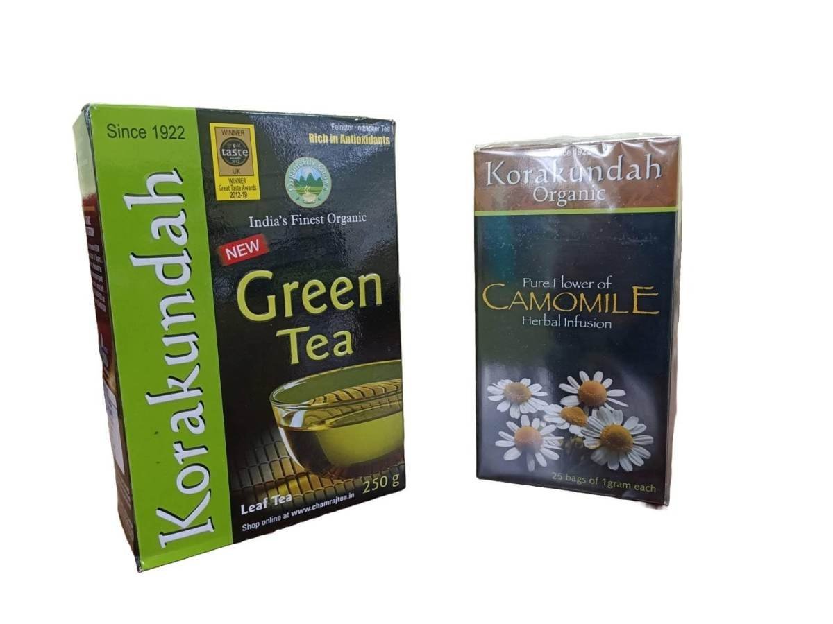 uk61lKJXHdA7L-1.jpg KORAKUNDAH Organic Green Tea 250 g | KORAKUNDAH Camomile Herbal Infusion 25 Dip Bags | Pack of 2 | Total 300g | India's Finest Chamraj Nilgiri Tea - Fast UK Delivery - Image 1