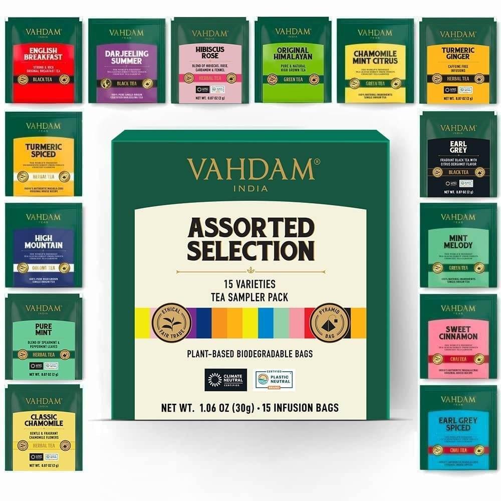 uk61leikuoGqL-1.jpg VAHDAM, Assorted Tea Sampler (15 Different Variety in Individually Wrapped Pyramid Tea Bags) Long Leaf Premium Teas I Tea Gift Set I Valentines Day Tea Gift Ideas for Tea Lovers - Fast UK Delivery - Image 1