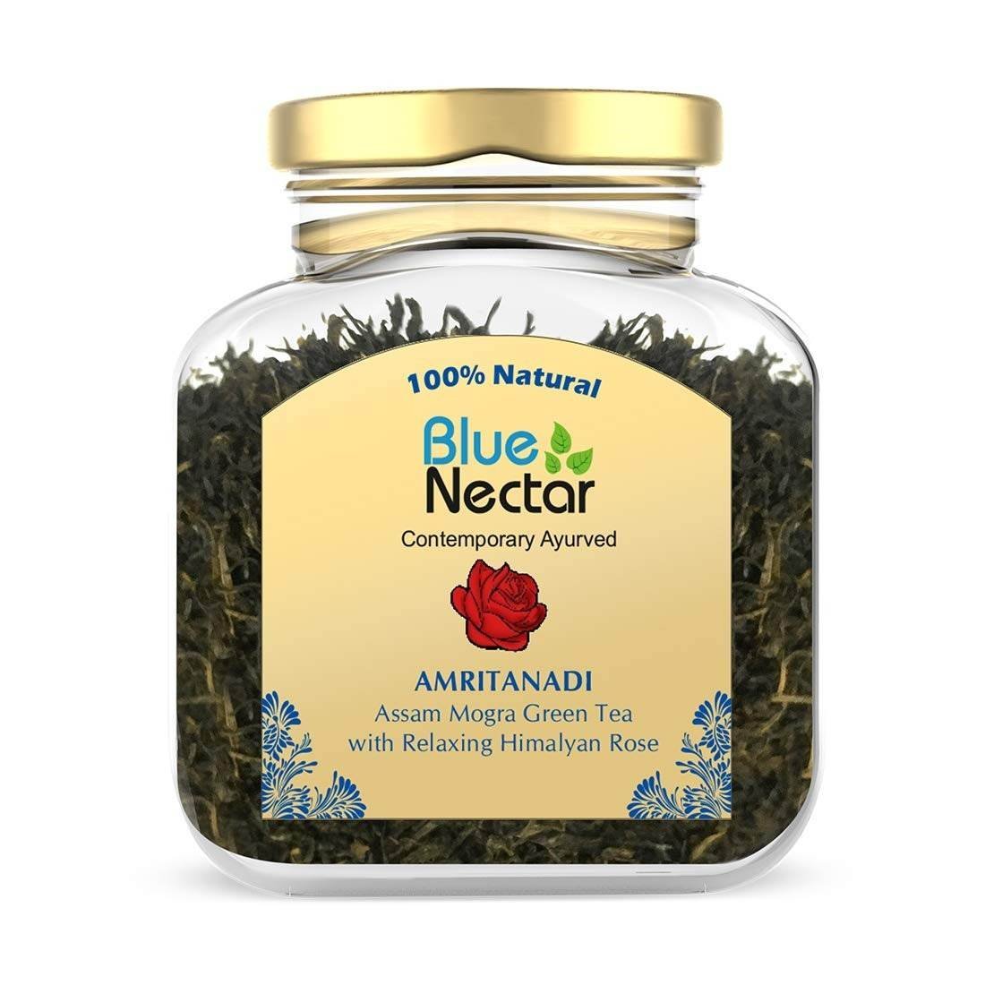 uk61lmRPtS4L-1.jpg Blue Nectar Green Tea Leaves with Rose for Relaxation | Eco Friendly Glass Jar | 100% Natural, Handpicked from the Himalayas (50 gm + 15 gm Free) - Fast UK Delivery - Image 1