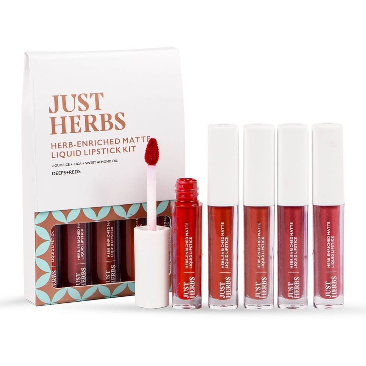 uk61n3bpz9PuL-1.jpg Just Herbs Ayurvedic Liquid Lipstick Kit Set of 5 with Long Lasting, Hydrating & Lightweight Lip Colour, Full Size - Paraben & Silicon Free - 10 ml (Deeps & Reds) - Fast UK Delivery - Image 1