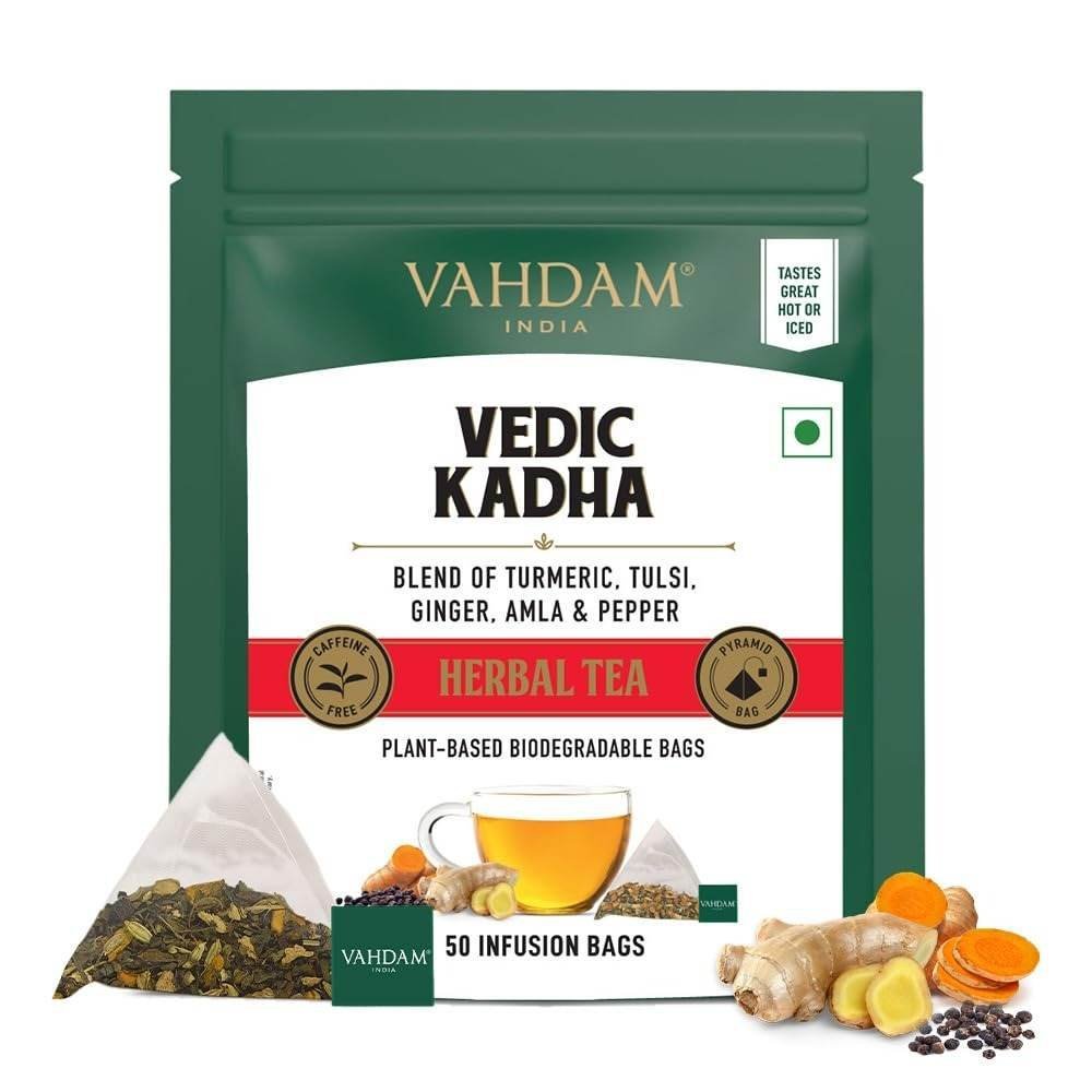 uk61pGu9ORkYL-1.jpg VAHDAM, Vedic Kadha Herbal Tea Bags - 50 Pyramid Tea Bags| Caffeine Free, Non-GMO, Gluten-Free | 100% Pure Herbal Tisane - Earthy & Savory | Whole Loose-Leaf Tea Bags | Resealable Ziplock Pouch - Fast UK Delivery - Image 1