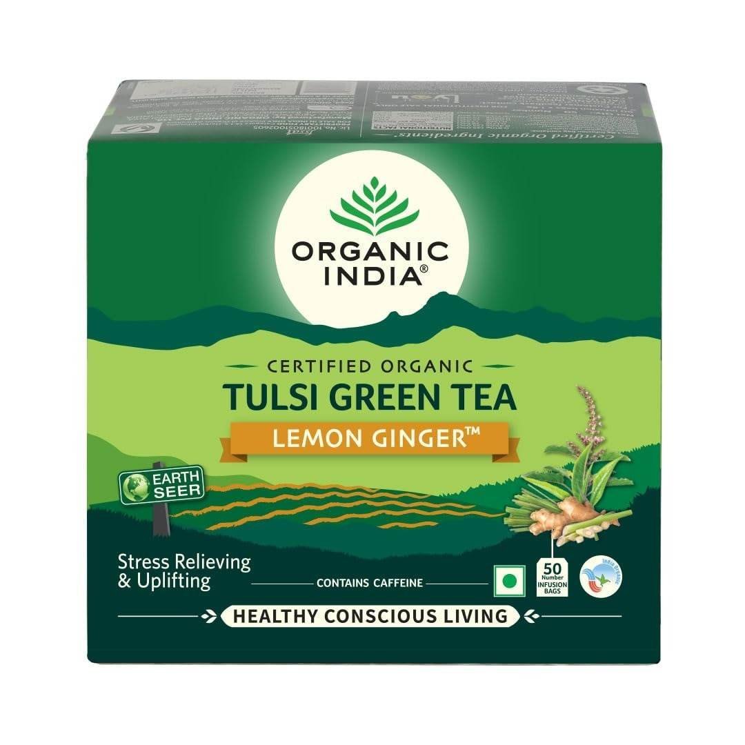 uk61qlAmJFdhL.jpg ORGANIC INDIA Tulsi Green Tea Lemon Ginger 50 Teabags, 50 gram - Fast UK Delivery - Image 1