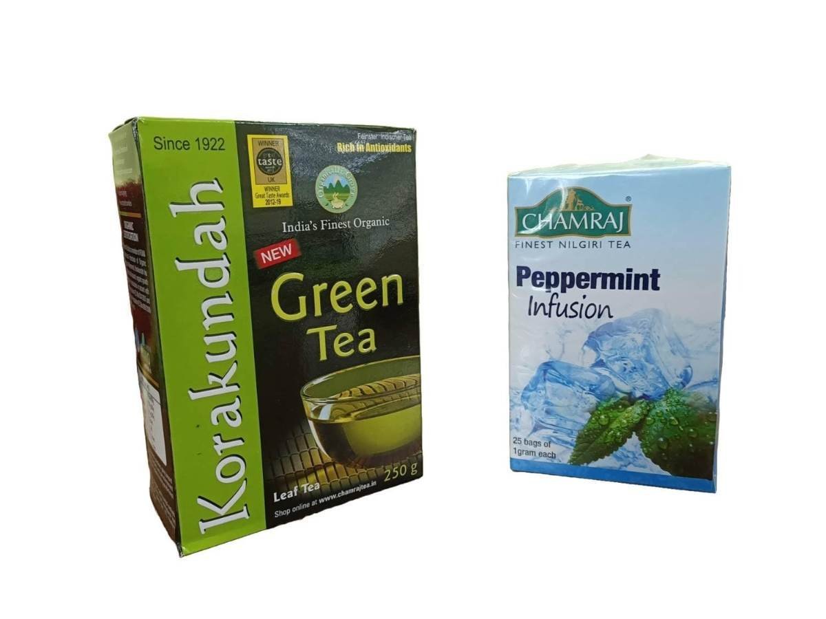 uk61rtrN7m1L-1.jpg KORAKUNDAH Organic Green Tea 250 g | CHAMRAJ Peppermint Infusion 25 Dip Bags | Pack of 2 | Total 275 g | India's Finest Chamraj Nilgiri Tea - Fast UK Delivery - Image 1