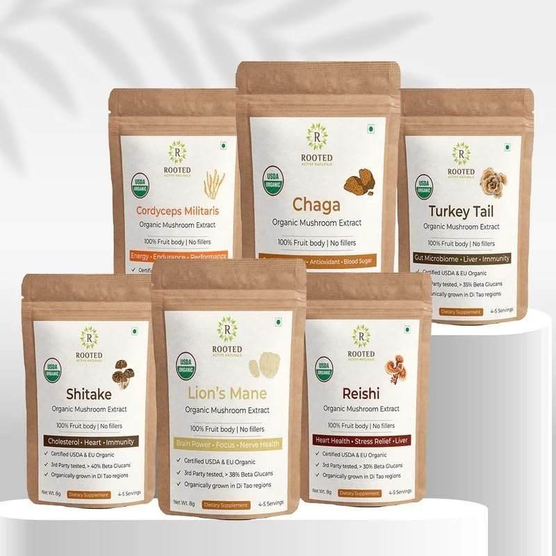 uk61sV4sL3XL-1.jpg Rooted Active Organic Mushroom Extract Sample Packs, 8g each - Cordyceps Militaris, Chaga, Turkey Tail, Shiitake, Lion's Mane, Reishi - Fast UK Delivery - Image 1