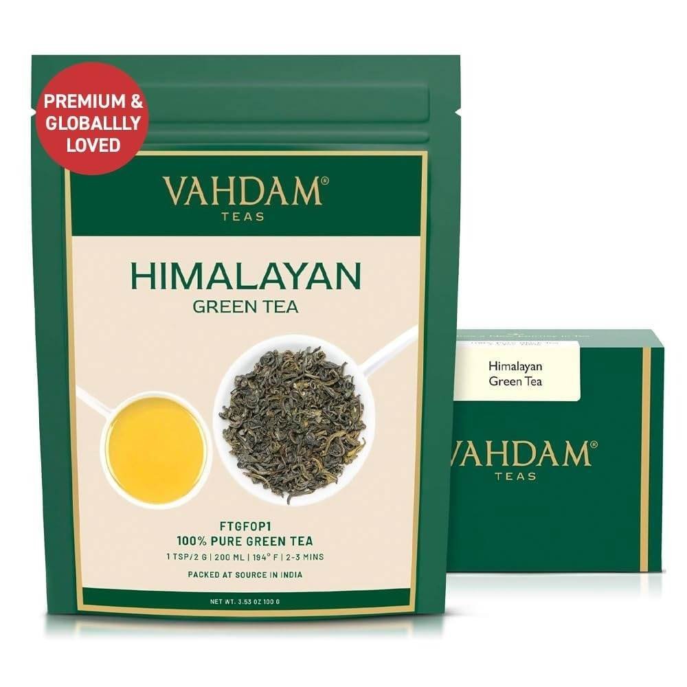 uk61sY-5nV1mL-1.jpg VAHDAM Green Tea Leaves from Himalayas (50+ Cups, 100 g) 100% Natural Whole Loose Leaf | Direct from Source | Non GMO, Gluten Free | Vacuum Sealed Pack for Freshness - Fast UK Delivery - Image 1