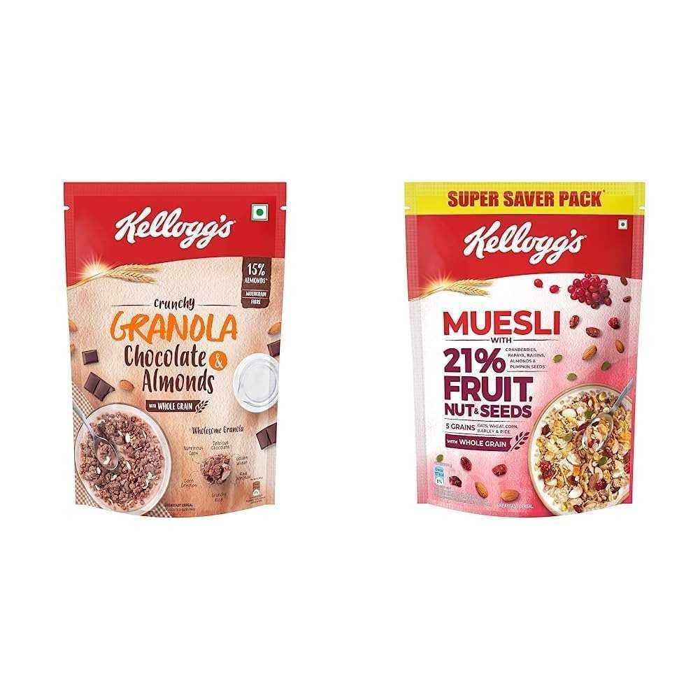 uk61sssijuCNL-1-1.jpg Kellogg's Crunchy Granola Chocolate & Almonds, Multigrain Flakes, 450g And Muesli 21% Fruit and Nut, High in Iron, Source of Fibre, Naturally Cholesterol Free, 750g Pack both are Breakfast Cereal - Fast UK Delivery - Image 1