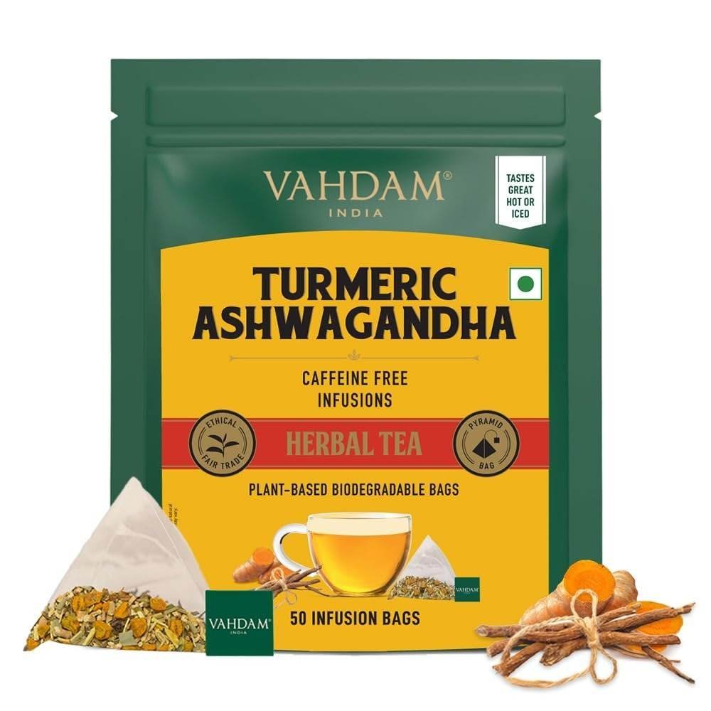 uk61tDpa-pXLL-1.jpg VAHDAM, Turmeric Ashwagandha Herbal Tea Bags (50 Count) 100% Pure Herbal Blend - Turmeric, Ashwagandha, Lemongrass, Black Pepper & Licorice | Resealable Ziplock Pouch - Fast UK Delivery - Image 1