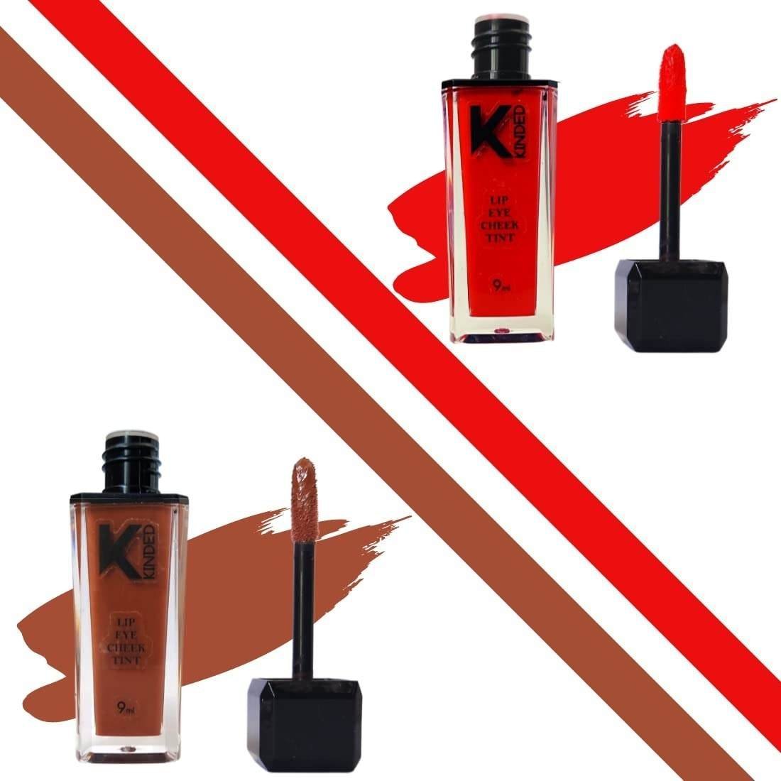uk61tPNsJhtDL-1-1.jpg KINDED Lip Eye and Cheek Tint Combo for Women Girls Longlasting Moisturizing Vitamin E Liquid Lip Colour Lipstick Eyeshadow Blush (Matte Finish, Vermilion Red & Brown Temptation, 9 ml each) - Fast UK Delivery - Image 1