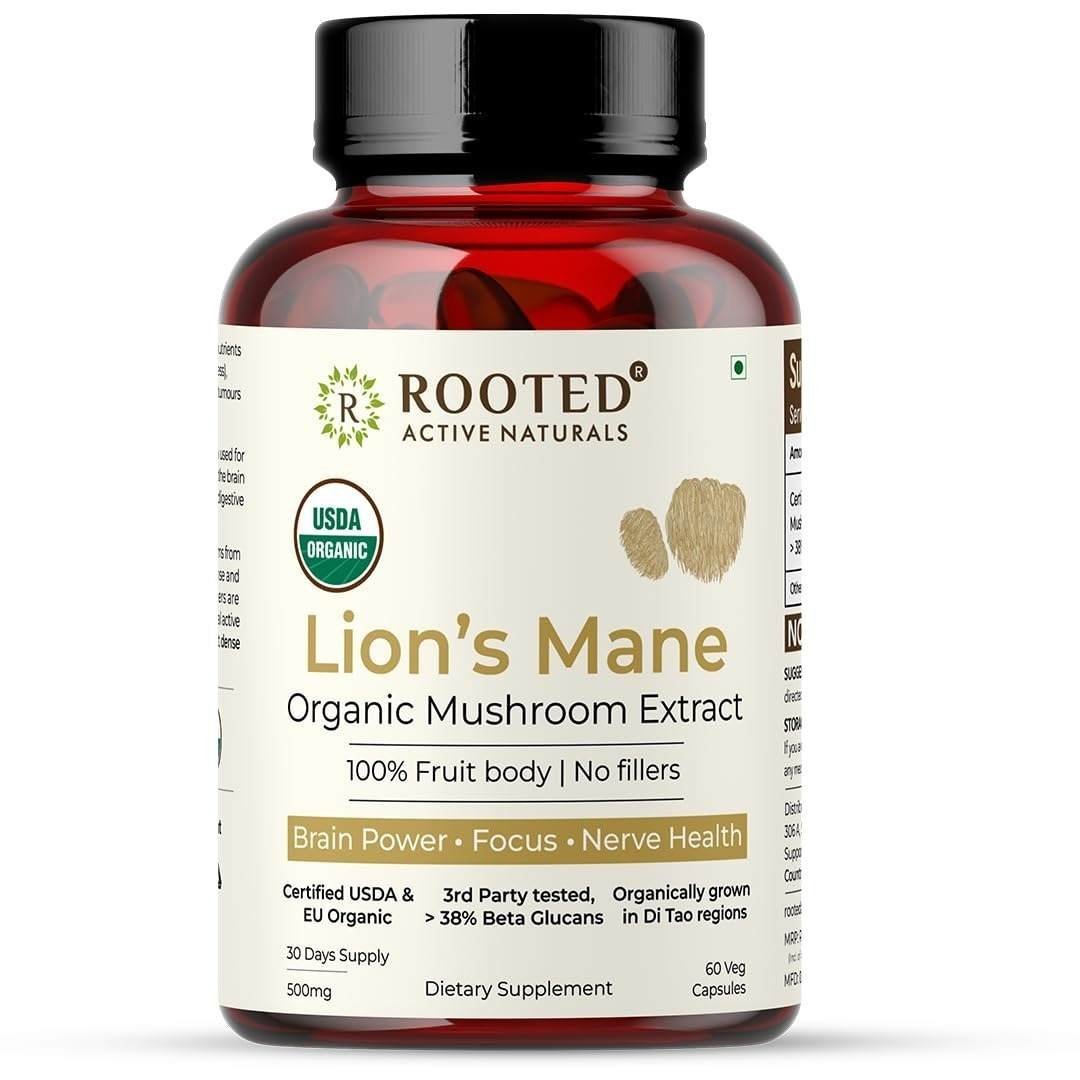 uk61tzywbJ4CL-1-1.jpg ROOTED Usda Organic Lions Mane Mushroom Extract Capsules, 38% Beta Glucans(60 Capsule) - Fast UK Delivery - Image 1