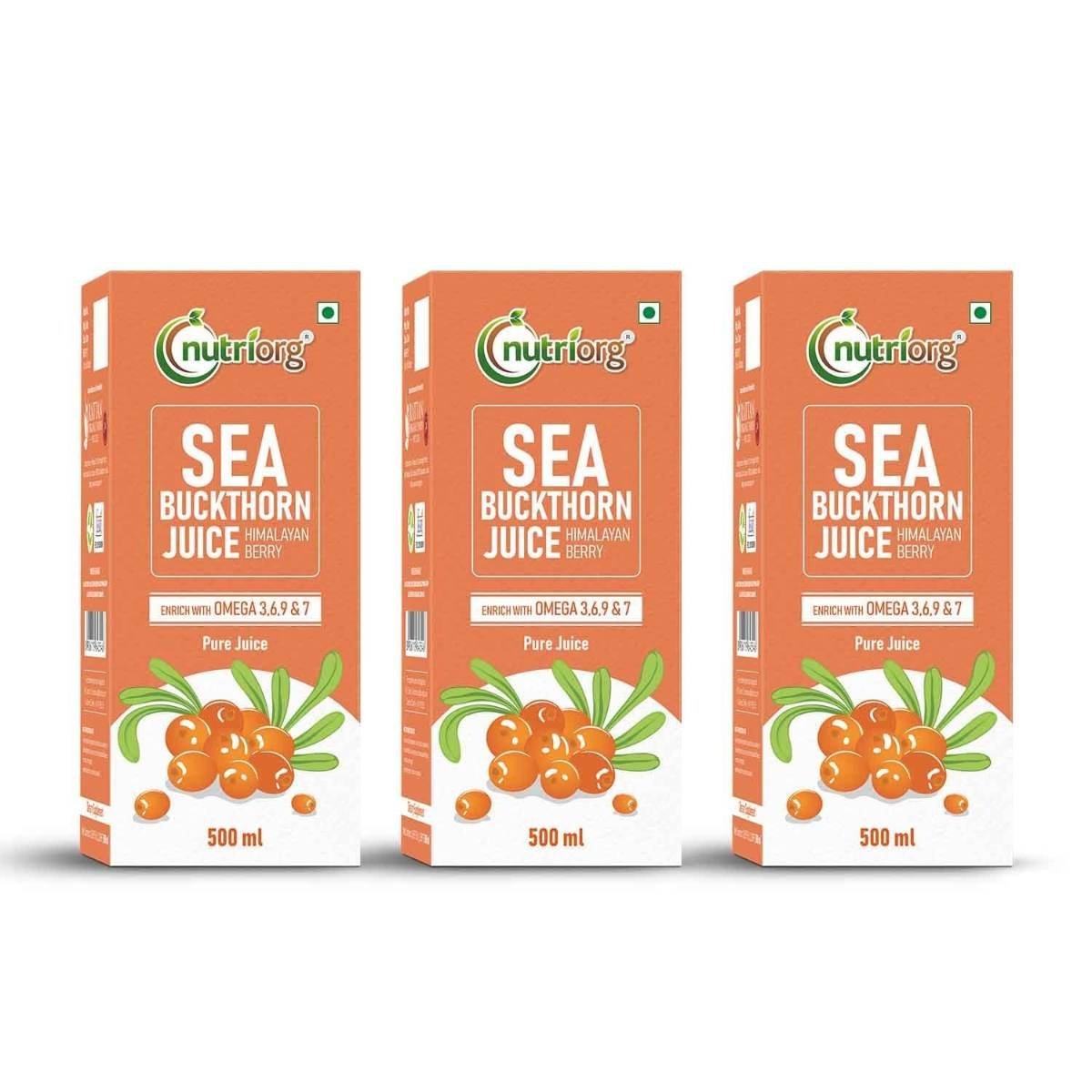 uk61uUy2b2IL-1.jpg Nutriorg Sea Buckthorn Juice, Himalayan Berry, Enrich With Omega 3,6,7 & 9, Rich in Vitamin C, No Added Sugar (500 ml, Pack of 3) - Fast UK Delivery - Image 1