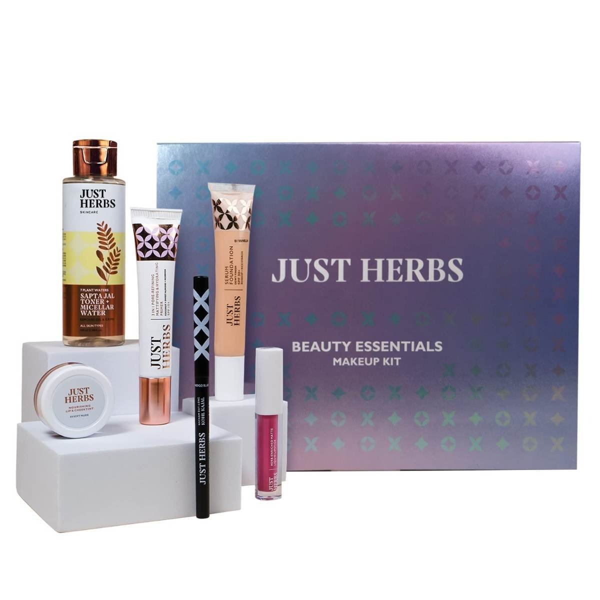 uk61ubCPMQAJL-1.jpg Just Herbs Makeup Kit for Women with Kohl Kajal, 3 in 1 Primer, Liquid Lipstick, Serum Foundation SPF 30+, Saptajal Makeup Removal Toner and Lip & Cheeck Tint (Gift Set) - Fast UK Delivery - Image 1