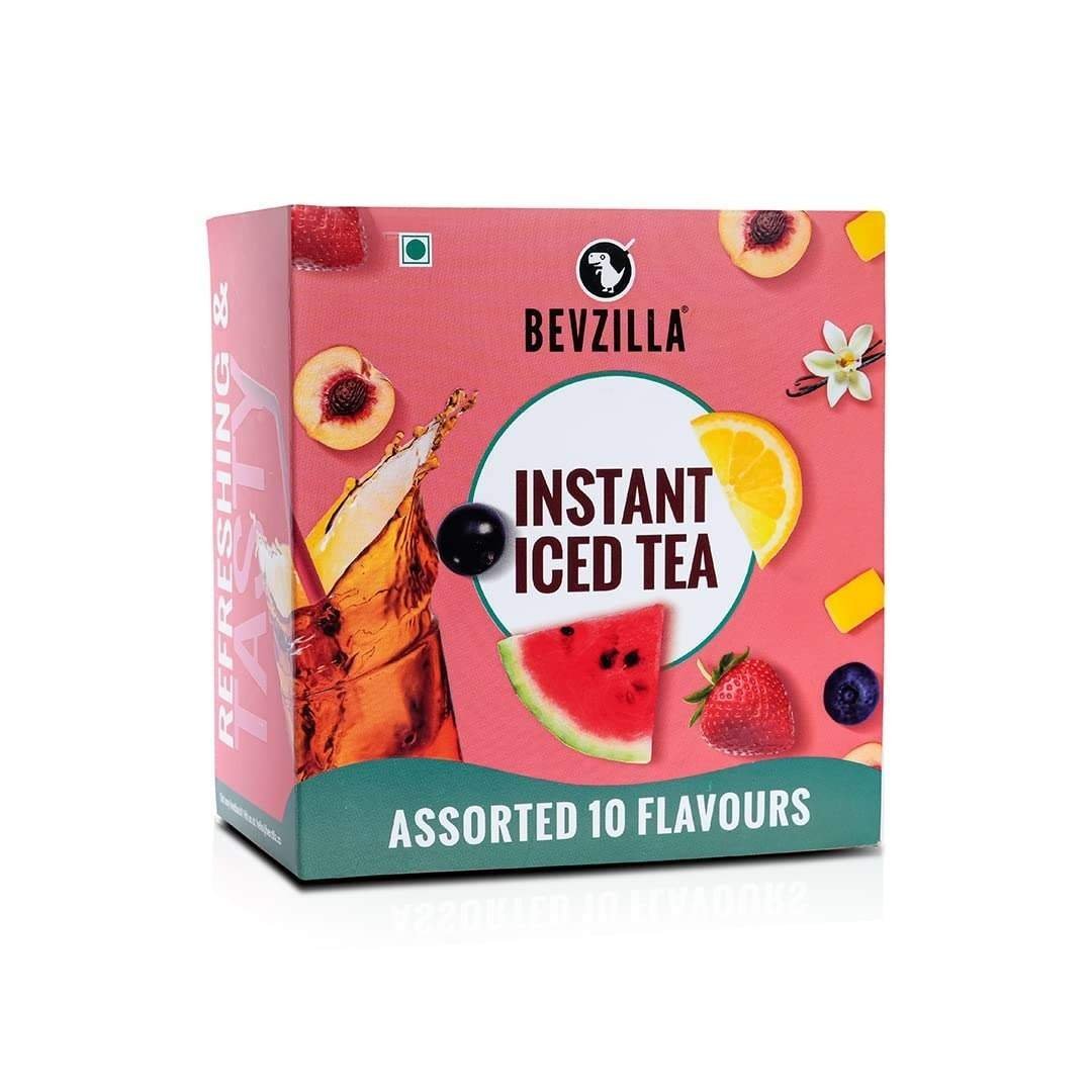 uk61y-emRKKTL-1-1.jpg Bevzilla Iced Tea Powder Assorted 10 Flavours Pack, Ice Brew, Cold Brew, Strong and Highly Flavourful, No Artificial Ingredients, 30 Calorie Instant Ice Tea Powder, 30 GM Each Sachet x 10 - Fast UK Delivery - Image 1