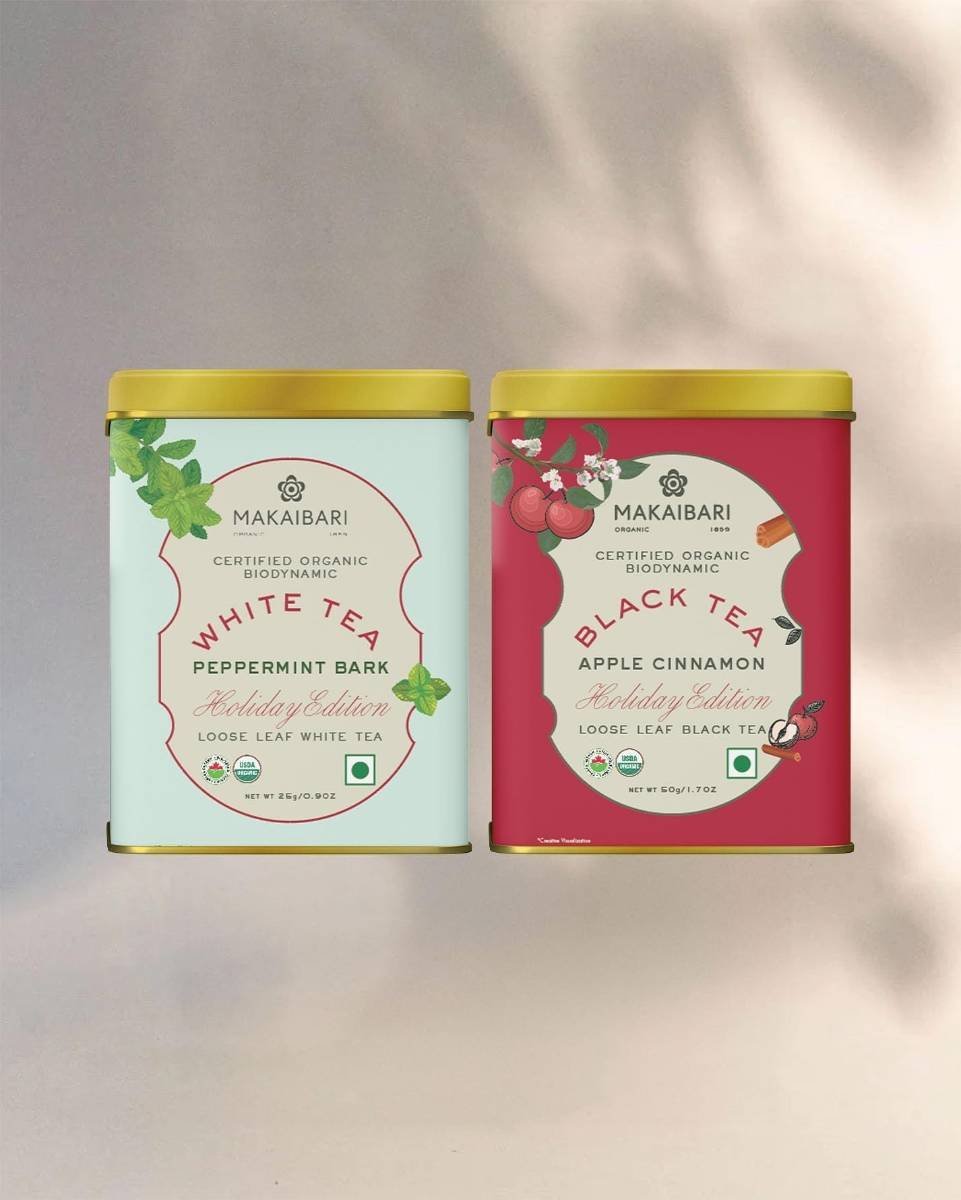 uk71-irx37bVL-1-1.jpg Makaibari Holiday Edition : Apple Cinnamon Black Tea & White Peppermint Bark | Usda Certified Tea | Anti-Oxidants, Immunity Booster | Tin Caddy, 75gm - Fast UK Delivery - Image 1