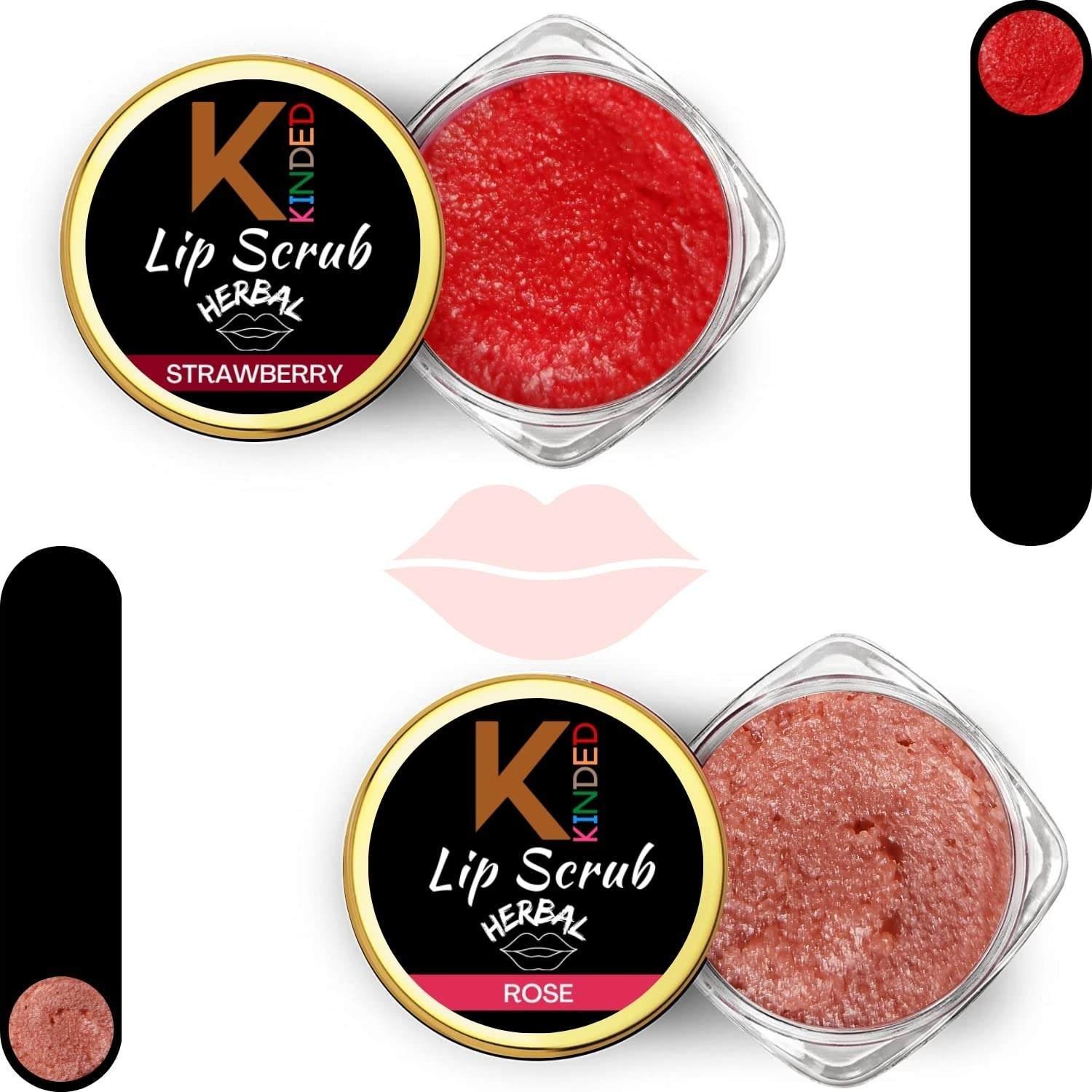 uk712RjUY6MML-1-1.jpg KINDED Lip Sugar Scrub Herbal Natural Essential Oils Exfoliator Balm Scrubber for Smoked Dry Dark Chapped Lips to Lighten Pigmentation Dead Skin Tan Removal (10 gm each, Strawberry & Rose) - Fast UK Delivery - Image 1