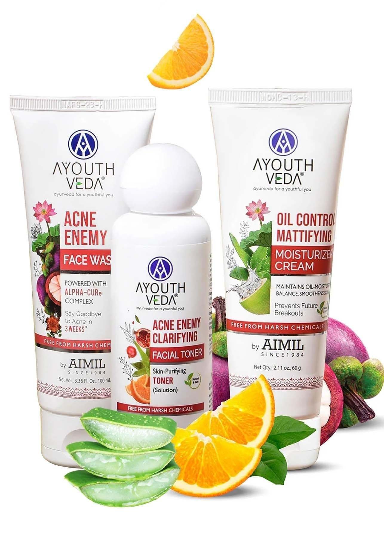 uk712gizTsDwL-1-1.jpg Ayouthveda Anti-acne Face Care Kit Maintain Oil Moisture, Skin Purifying | Acne Enemy Face Wash Gel 100ml | Acne Enemy Clarifying Facial Toner 100ml | Oil Control Mattifying Moisturizer Cream 60g - Fast UK Delivery - Image 1