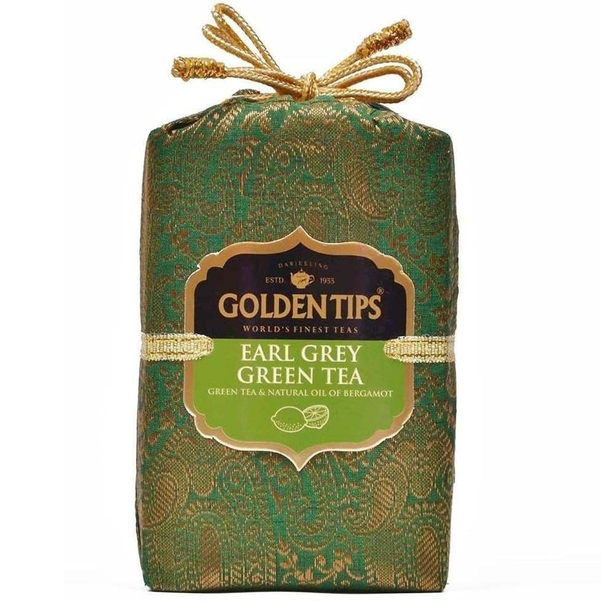 uk712xeXF3b5L-1-1.jpg Golden Tips Earl Grey Green Tea Loose Leaves Brocade Bag (200 Gram, 100 cups) - Fast UK Delivery - Image 1