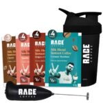 Rage Coffee - Silk Blend Assorted Sachets, Pack of 15 (3 Classic, 4 Creamy Hazelnut, 4 Vanilla Velvet & 4 Belgian Chocolate) + Multi-purpose Shaker 400 ml & Frother - Fast UK Delivery