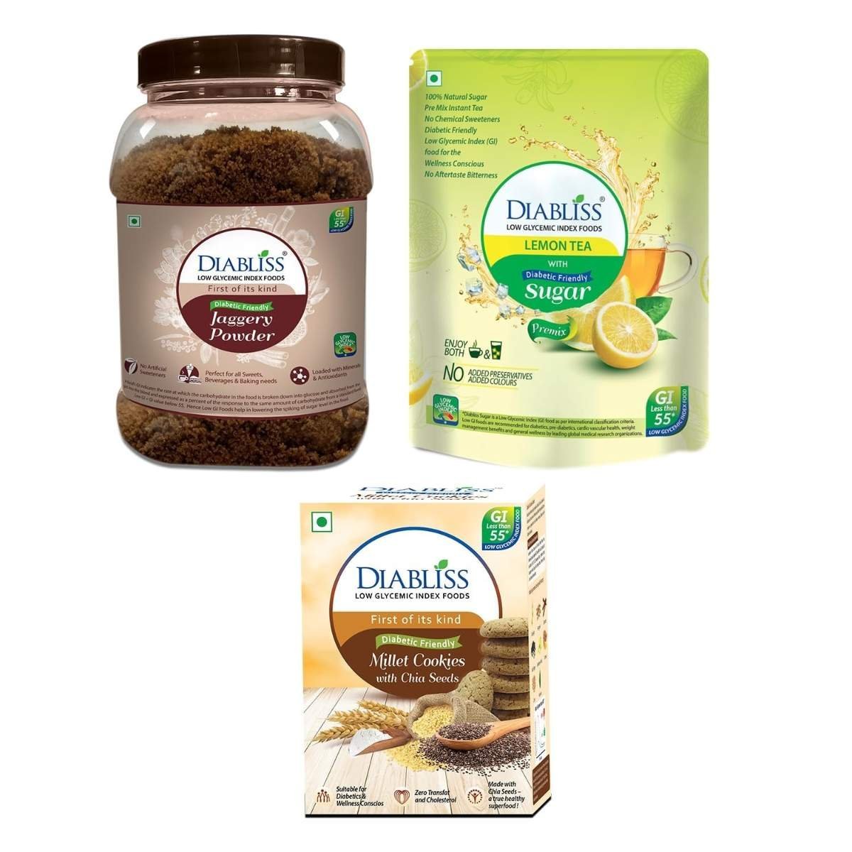 uk716njBjw1LL-1-1.jpg Diabliss Jaggery 750g Jar, Millet Cookies With Chia Seeds 120g Box & Lemon Tea 500g Pouch - Low Glycemic Index (GI) Diabetic Friendly - Image 1
